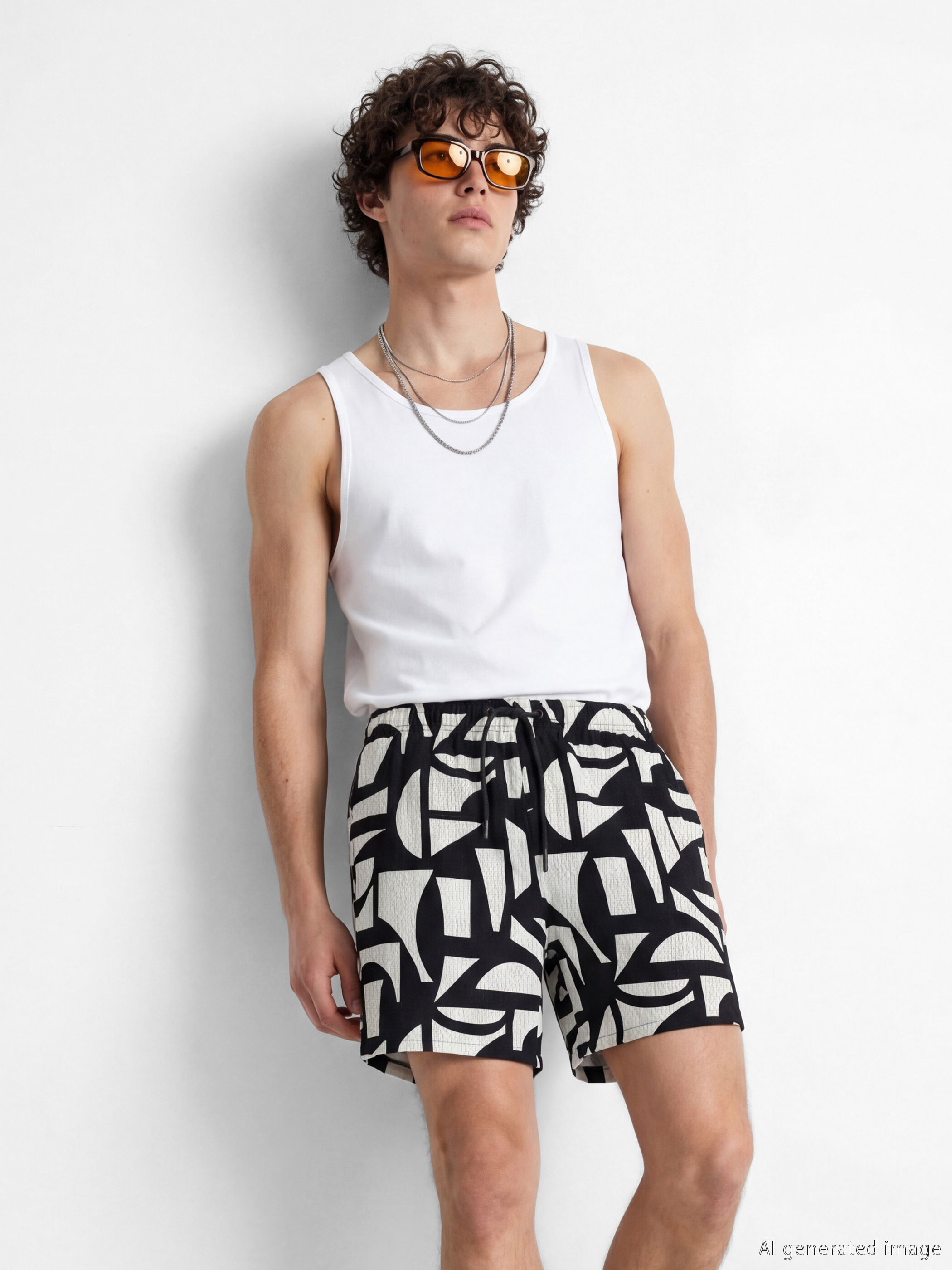 Siyah Kısa Boy Desenli Erkek Deniz Şortu-2