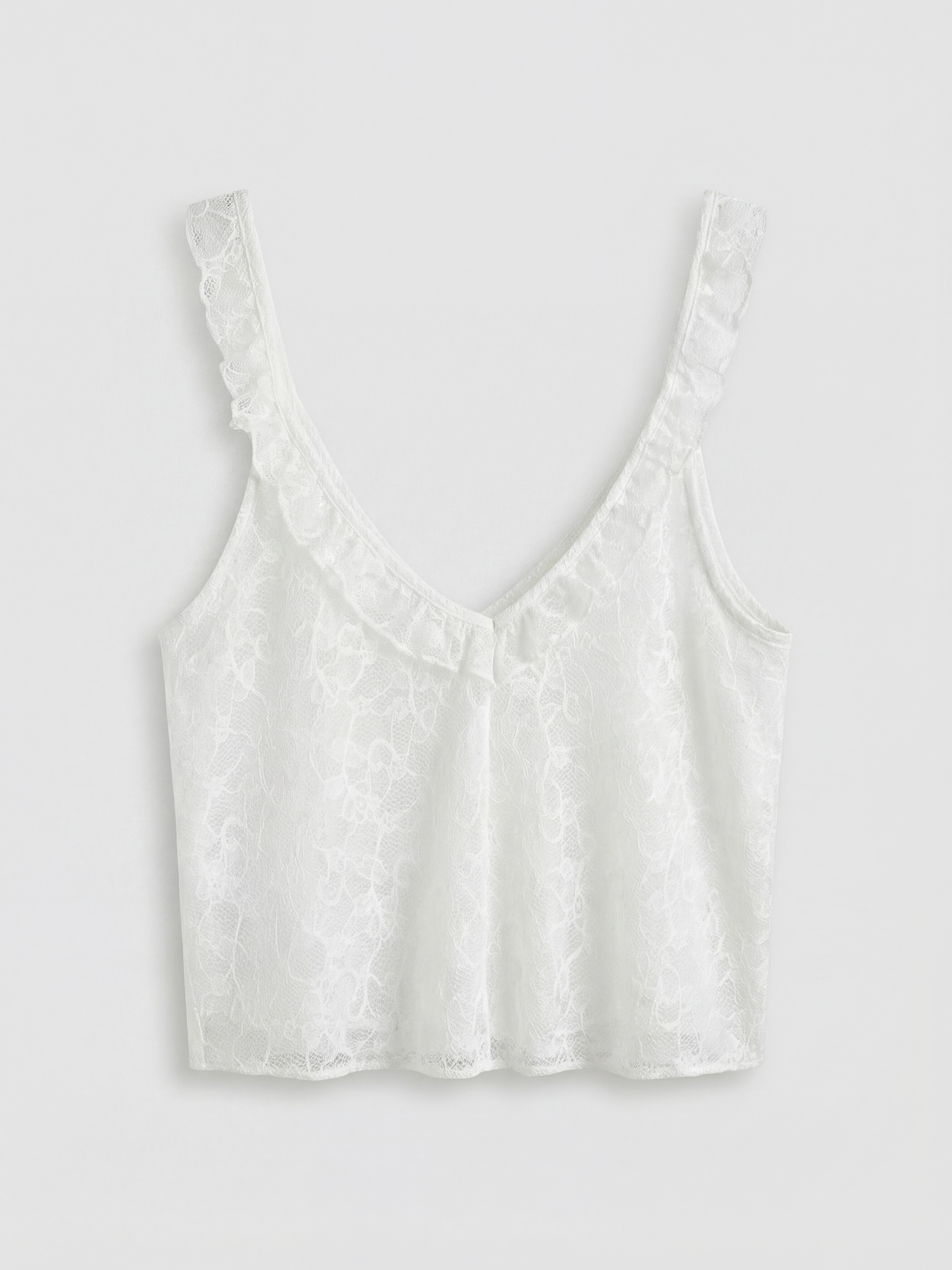 Beyaz V Yaka Fırfırlı Dantelli Kadın Pijama Üst-1