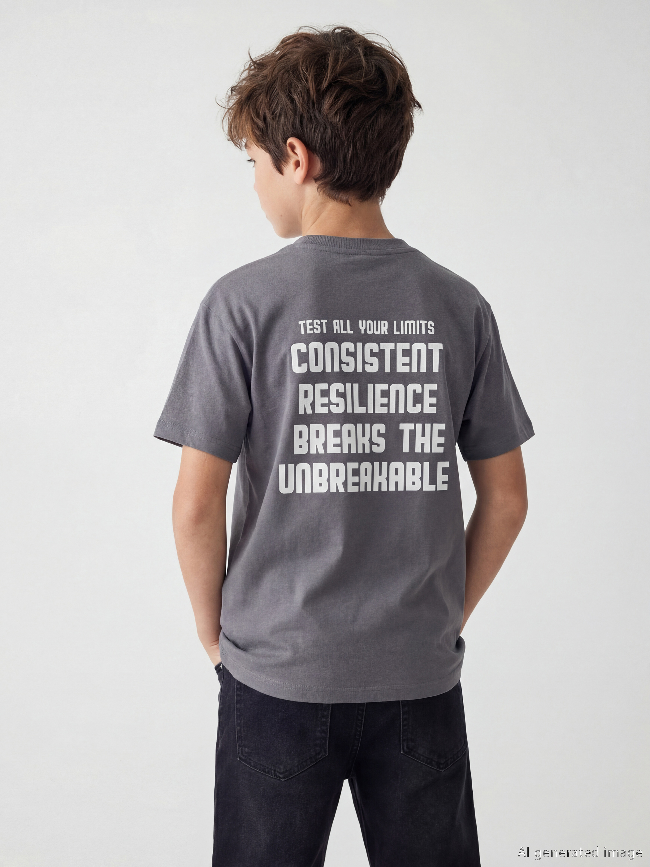 Gri Bisiklet Yaka Baskılı Erkek Çocuk Tişört-1