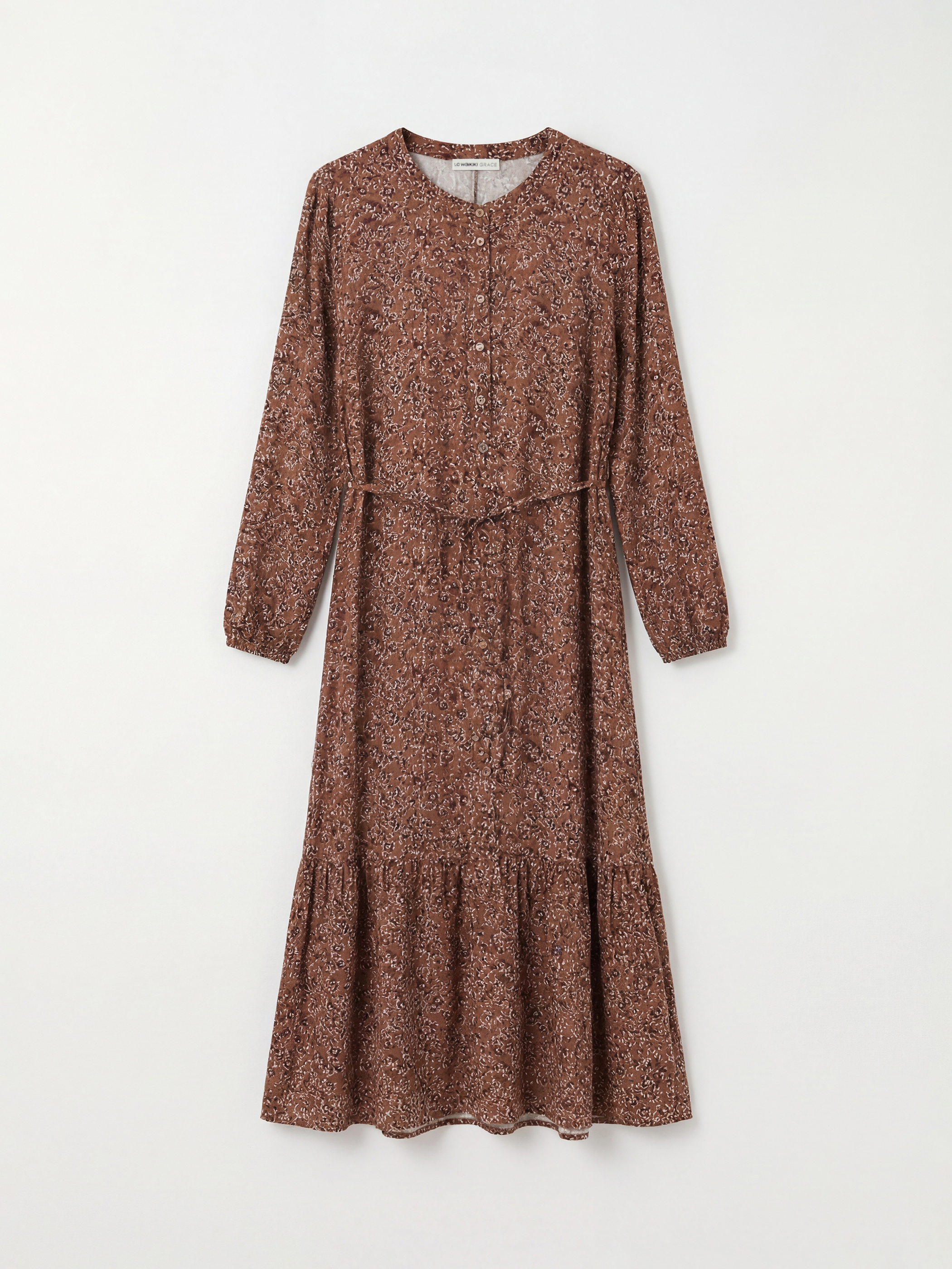 Kahverengi Bisiklet Yaka Desenli Fırfırlı Elbise-4