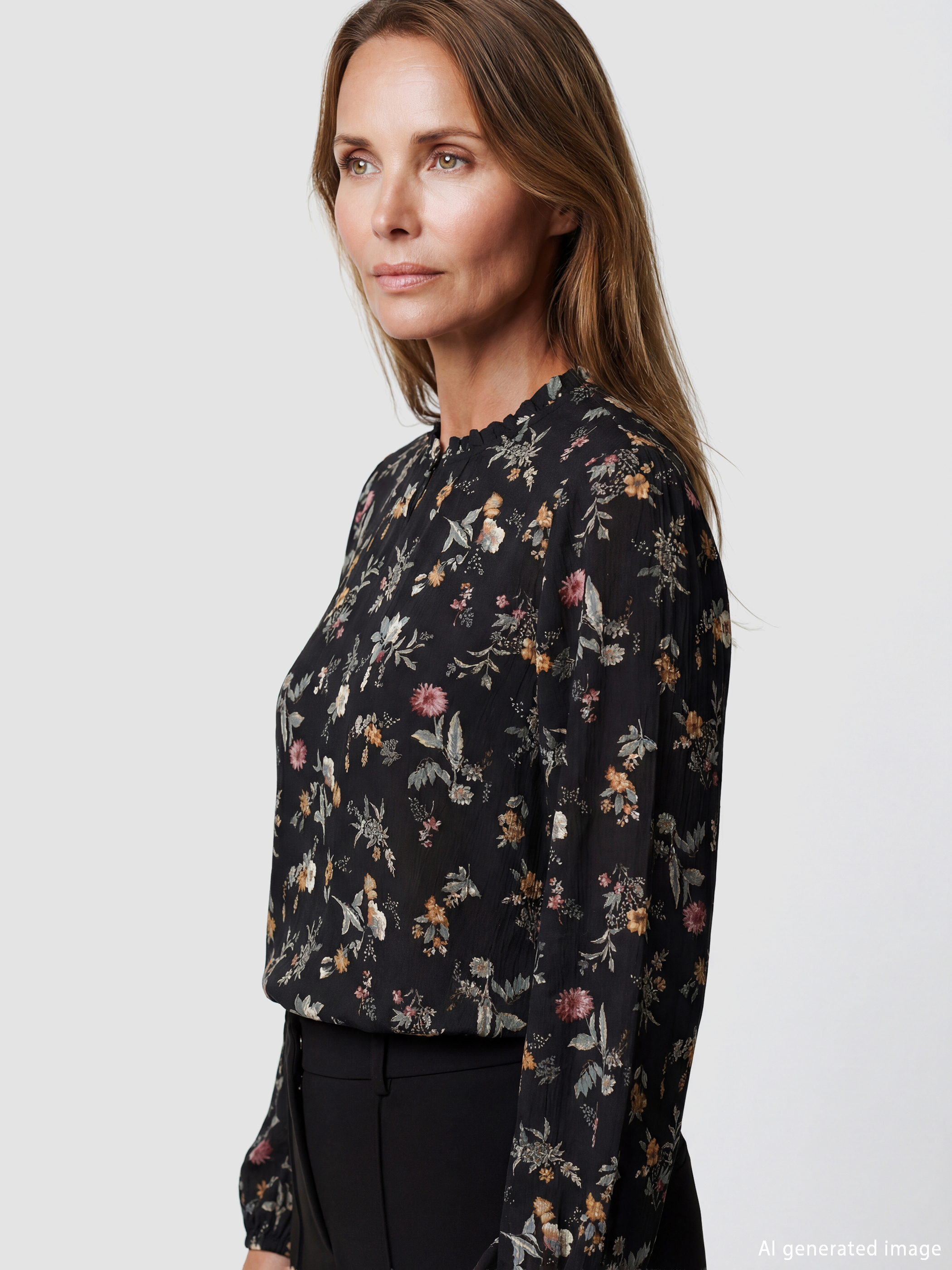 Блуза с висока яка и набрани ръкави с флорален мотив-1