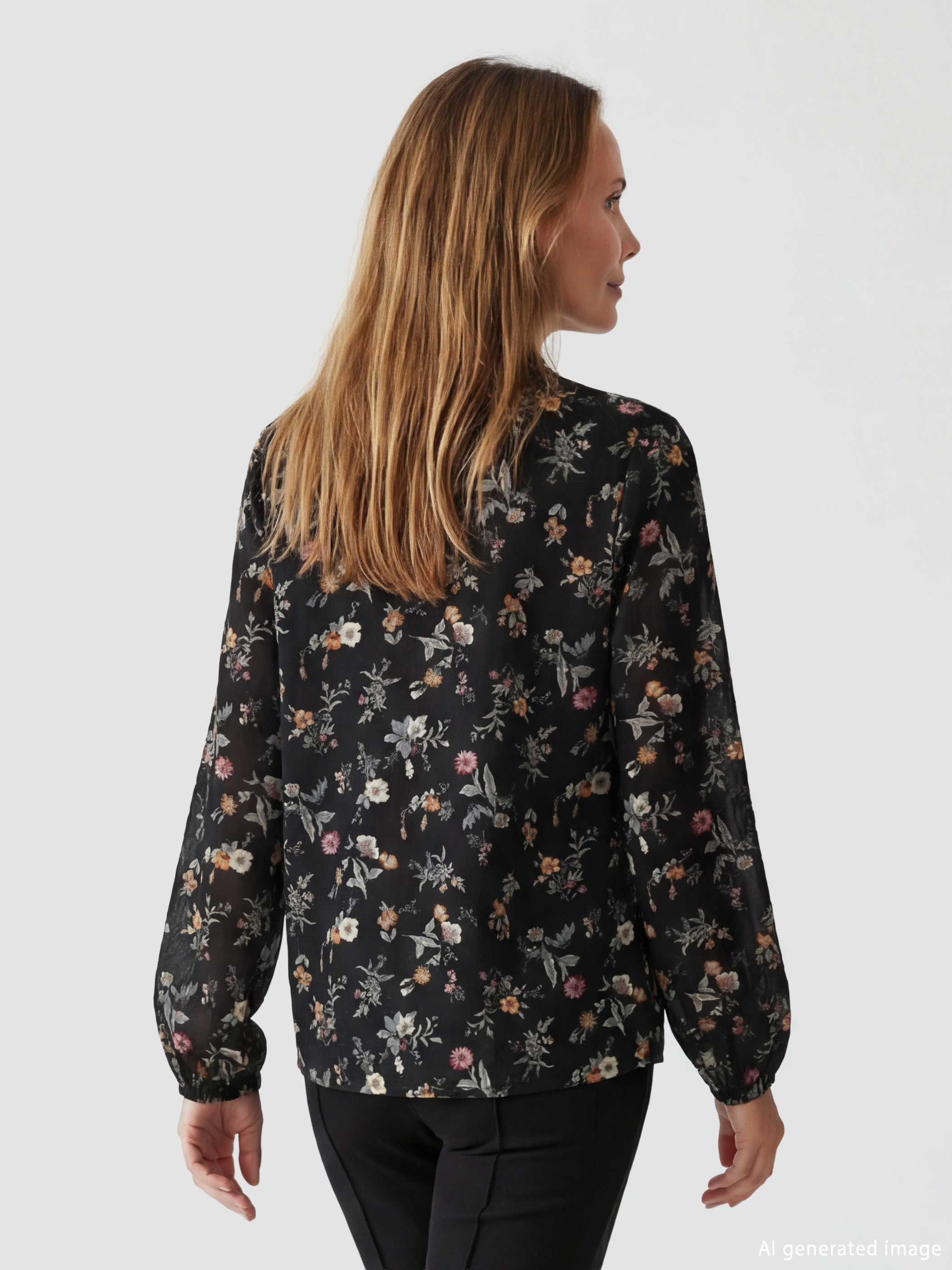 Блуза с висока яка и набрани ръкави с флорален мотив-2