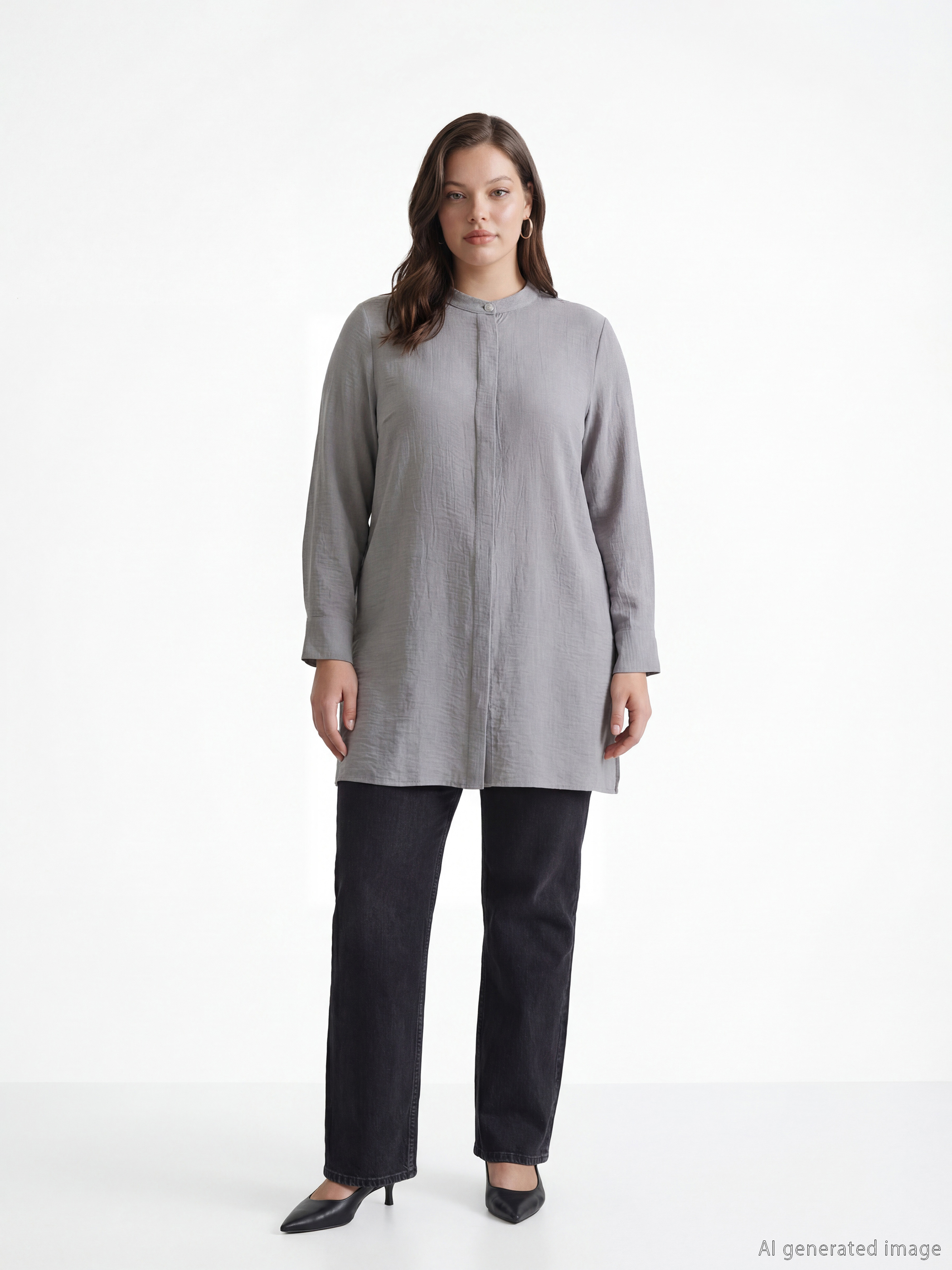 قميص تونيك للسيدات بنسيج وياقة مندرين-1