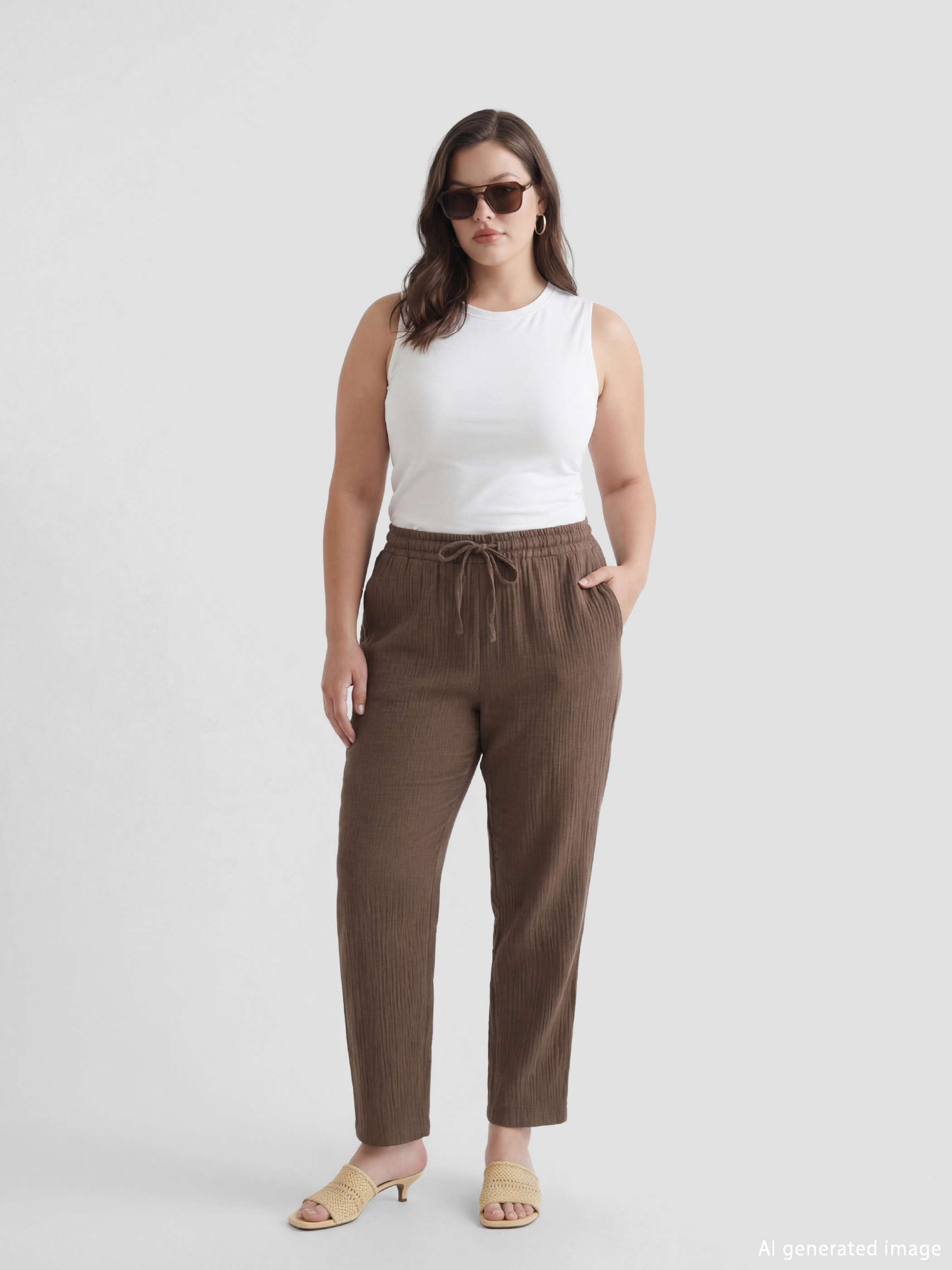 Kahverengi Beli Lastikli Havuç Kesim Kadın Müslin Pantolon	-1