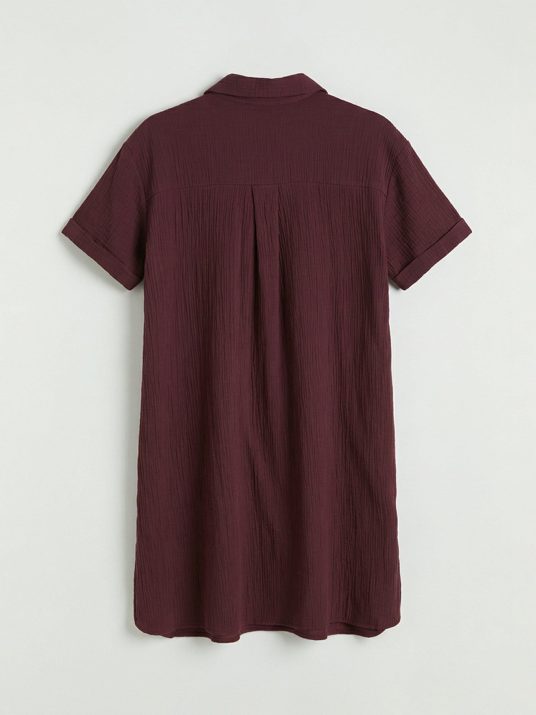 Mürdüm Gömlek Yaka Dokulu Oversize Müslin Elbise-1