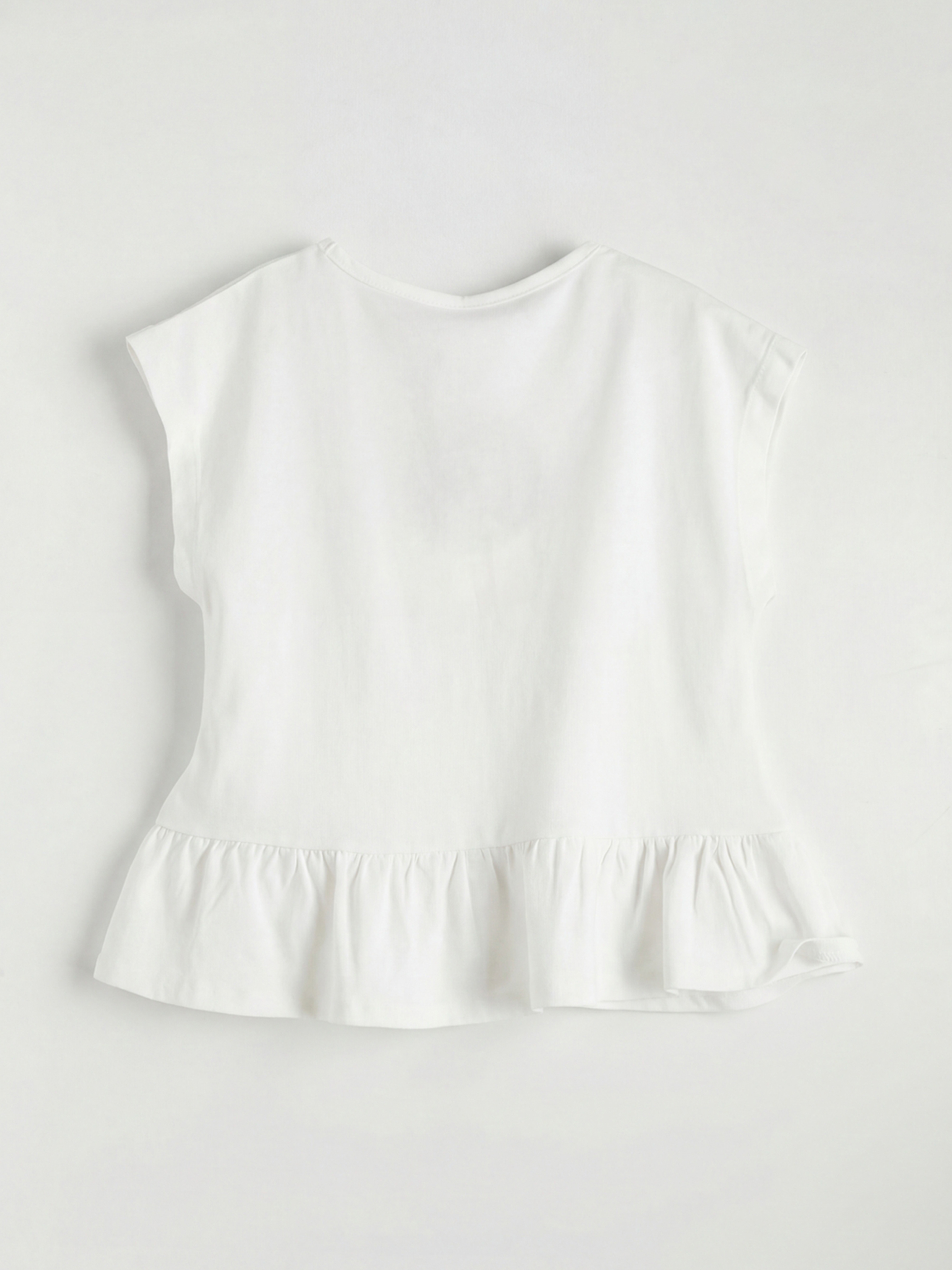 Ekru Bisiklet Yaka Nakışlı Kız Çocuk Fırfırlı Tişört-1