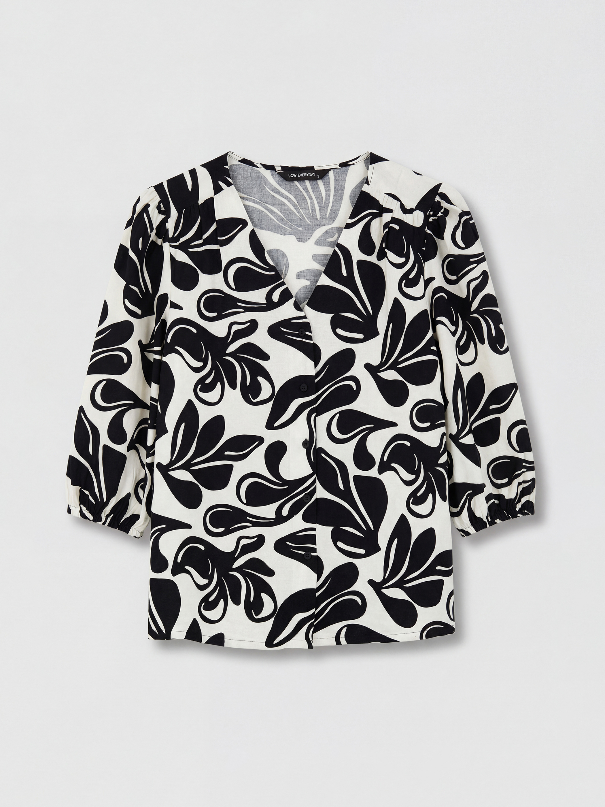 V Yaka Desenli Balon Kollu Bluz-4