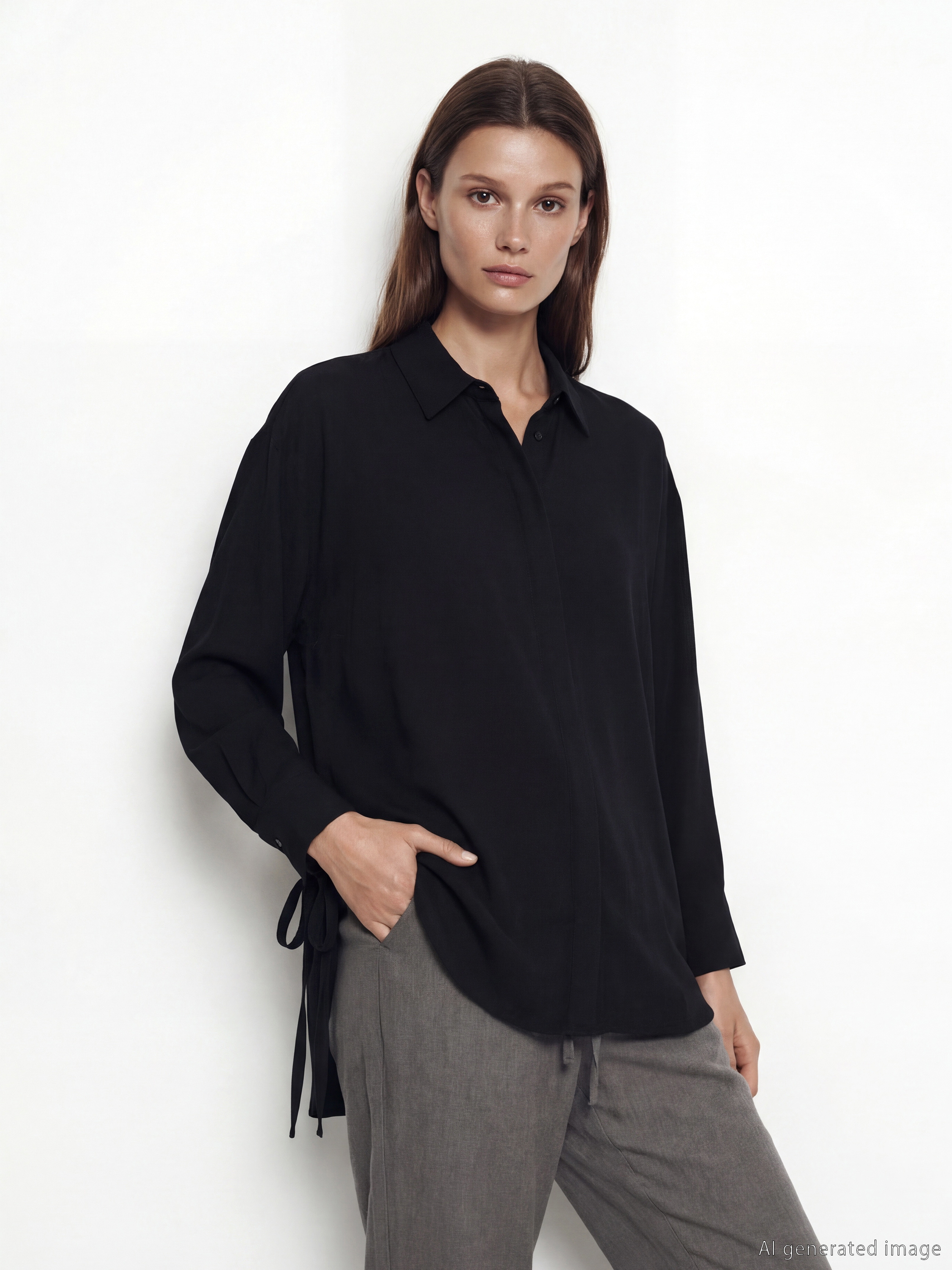 Siyah Bağlama Detaylı Kadın Gömlek Tunik-1