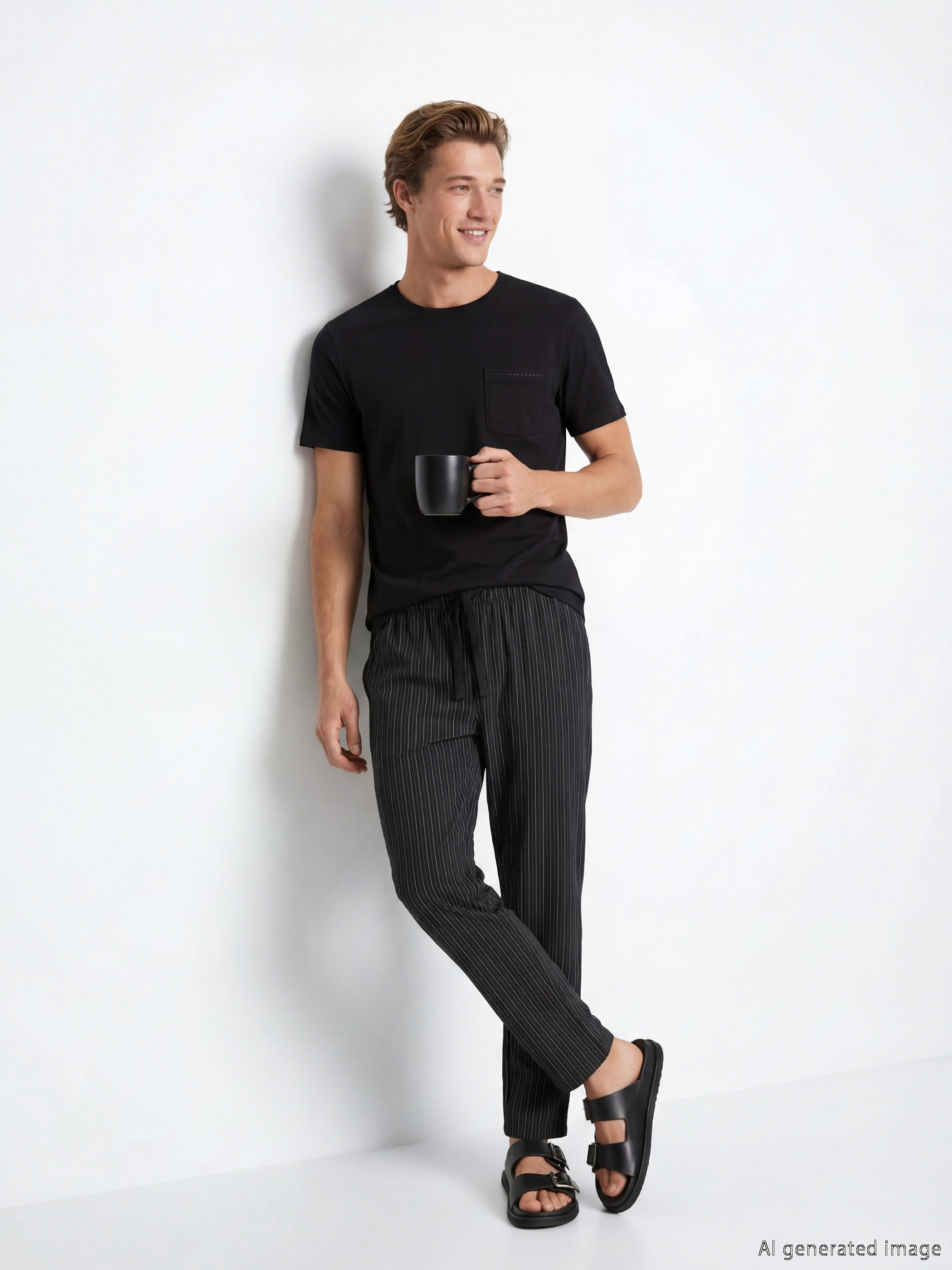 LC WAIKIKI طقم بيجامة رجالي مخطط بياقة دائرية