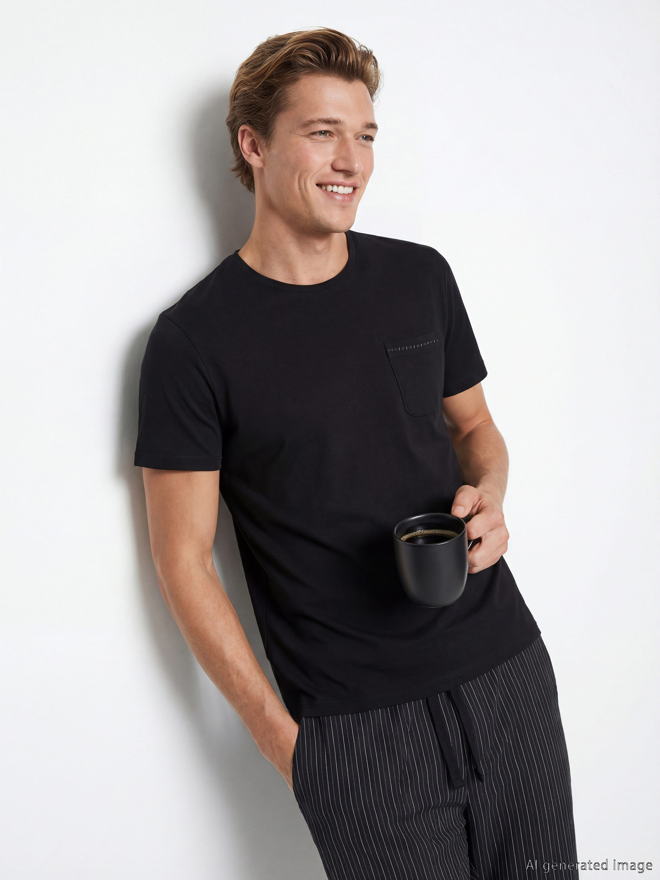 طقم بيجامة رجالي مخطط بياقة دائرية-1