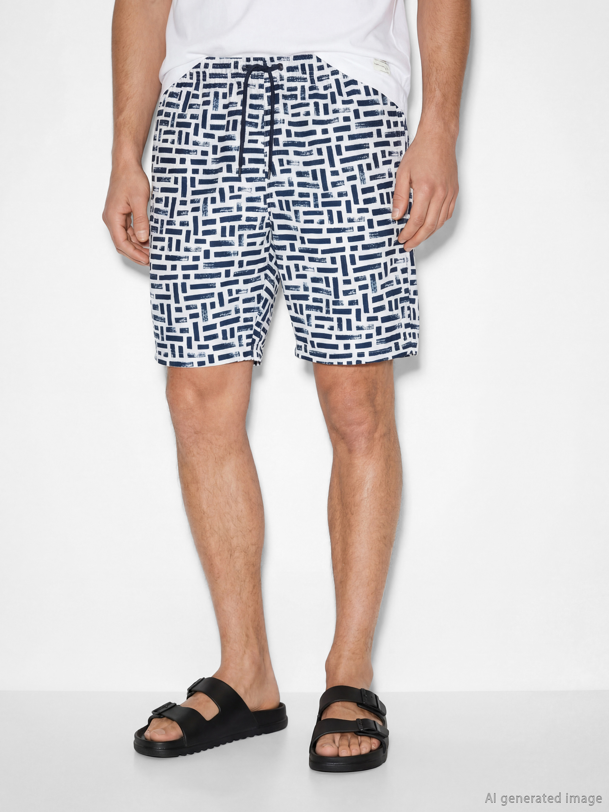 Lacivert Diz Altı Boy Desenli Erkek Deniz Şortu-1