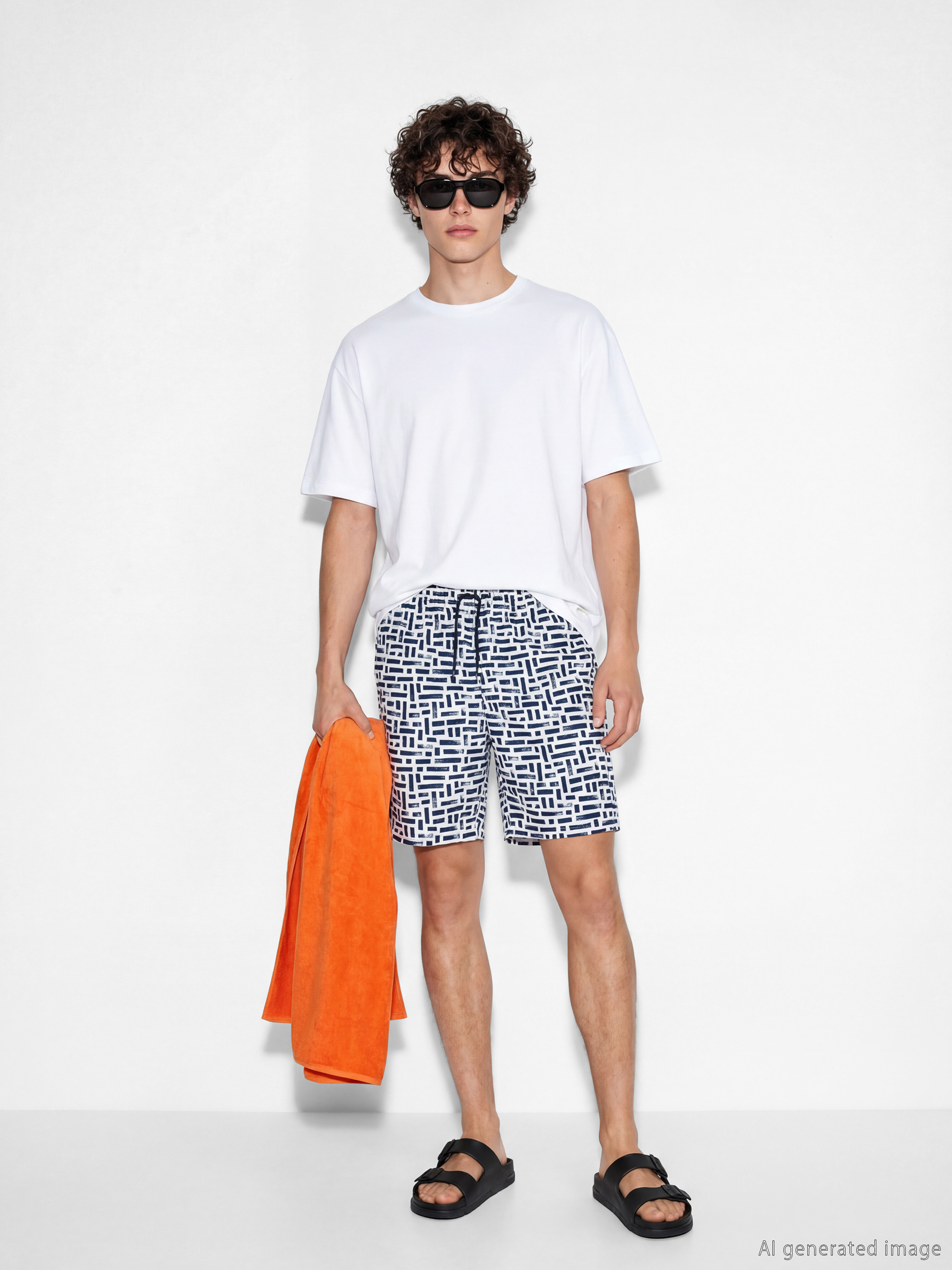 Lacivert Diz Altı Boy Desenli Erkek Deniz Şortu-2