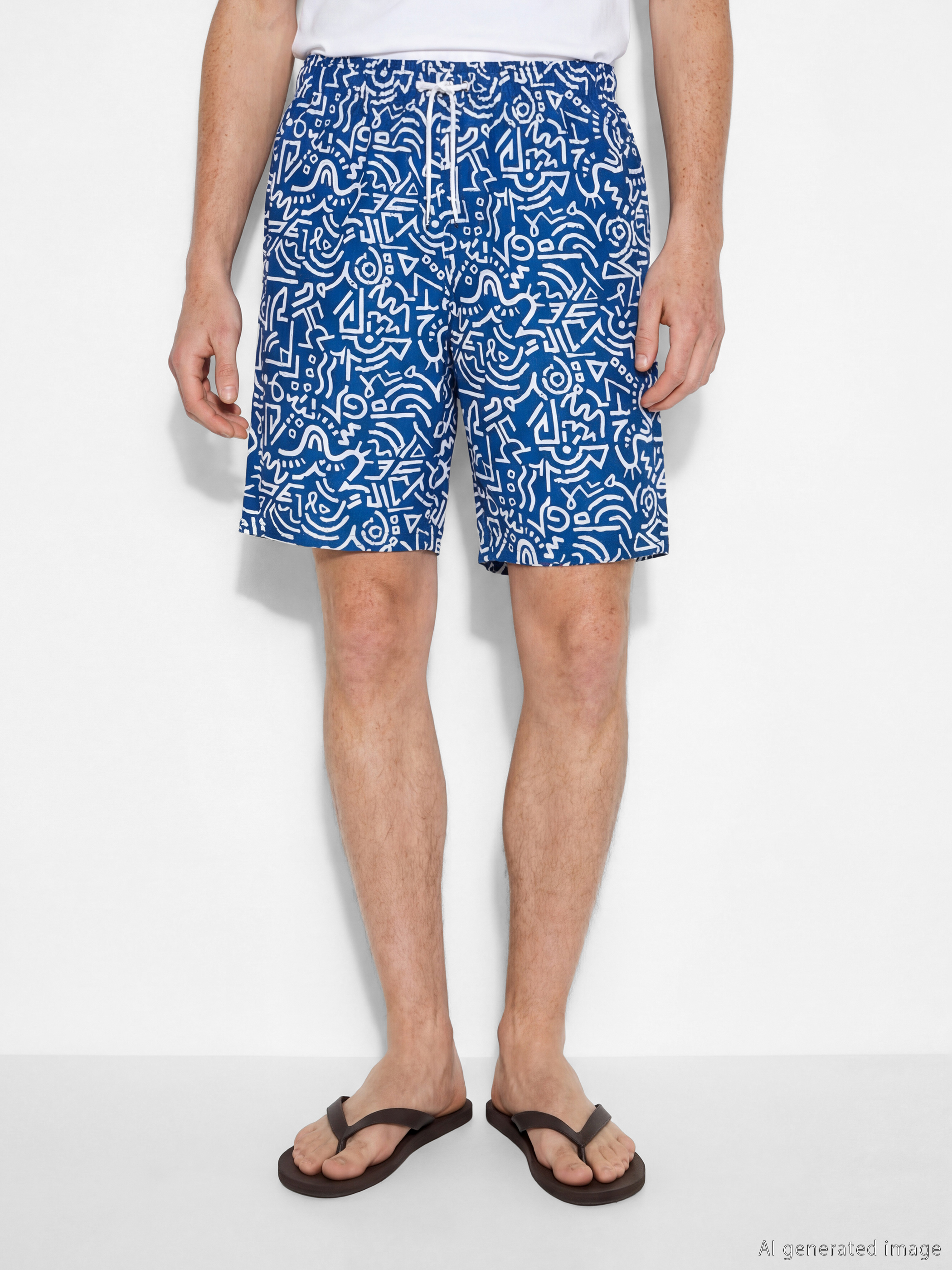 Mavi Diz Altı Boy Desenli Erkek Yüzme Şort-1