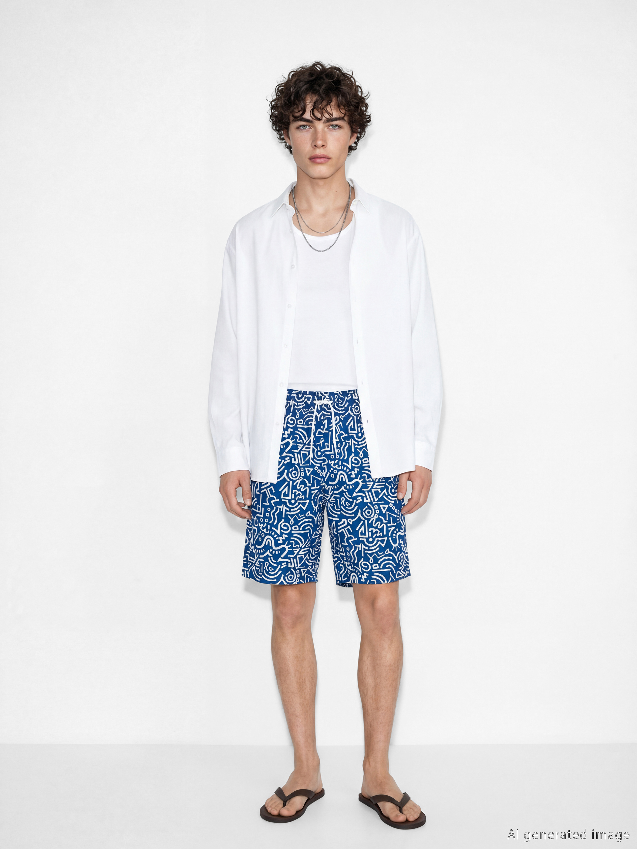 Mavi Diz Altı Boy Desenli Erkek Yüzme Şort-2