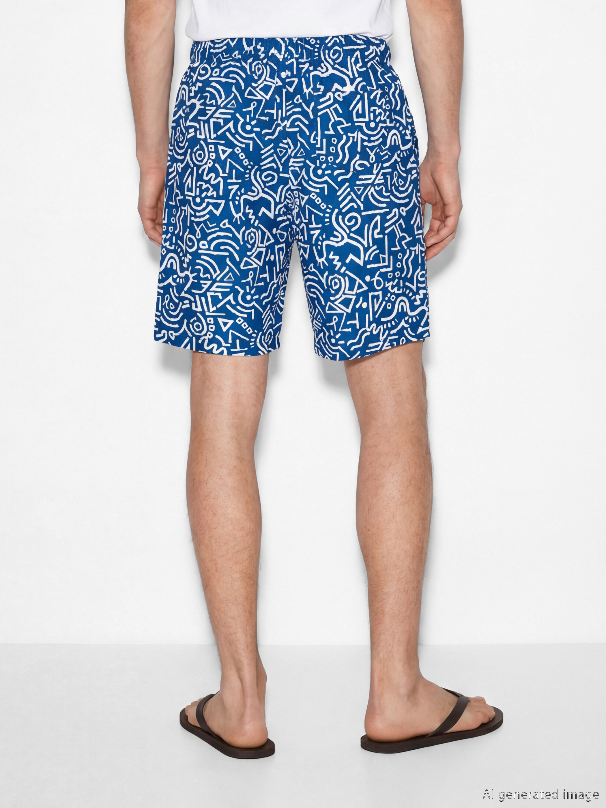 Mavi Diz Altı Boy Desenli Erkek Yüzme Şort-3