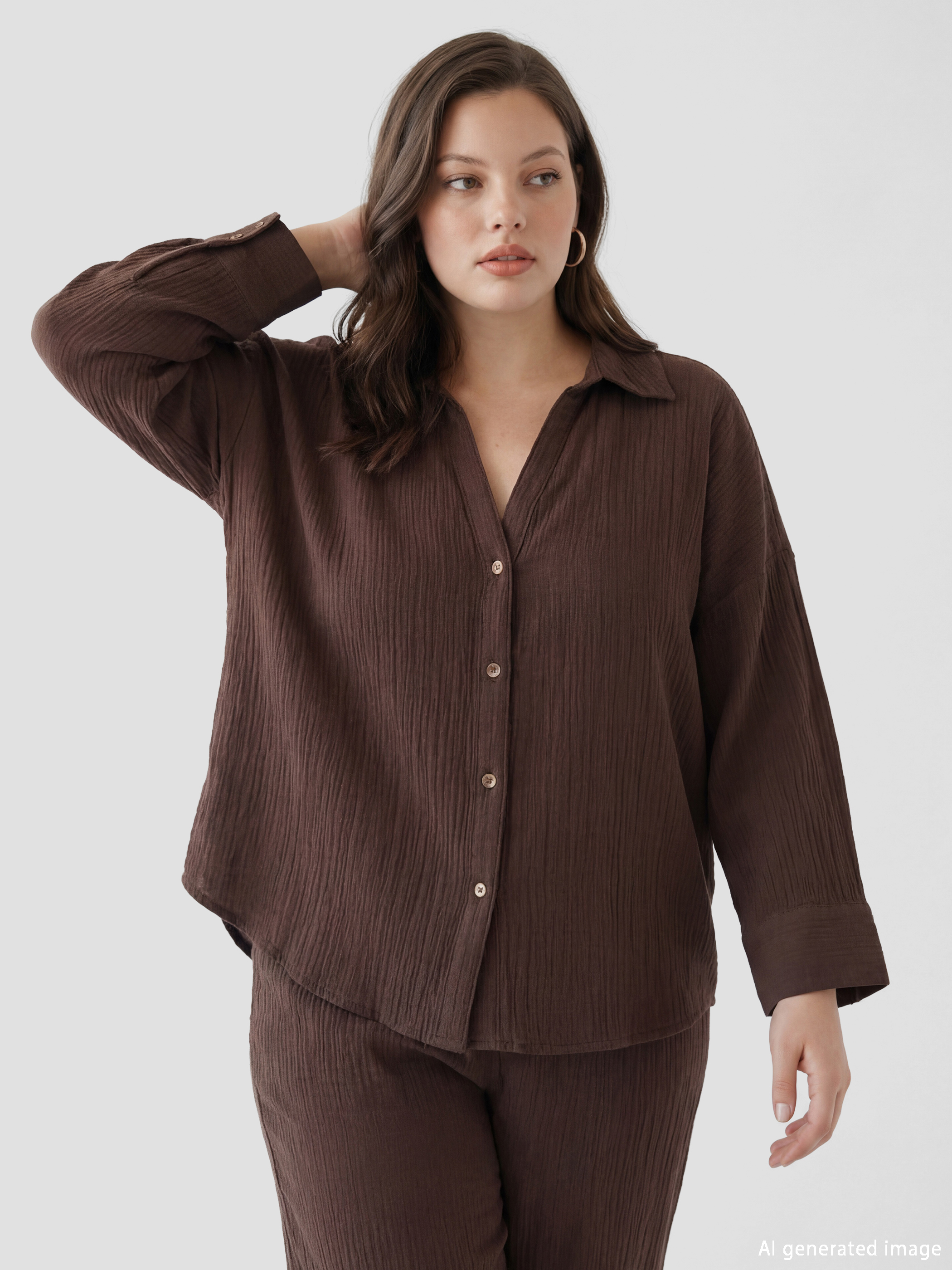 Kahverengi Dokulu Oversize Kadın Gömlek-1