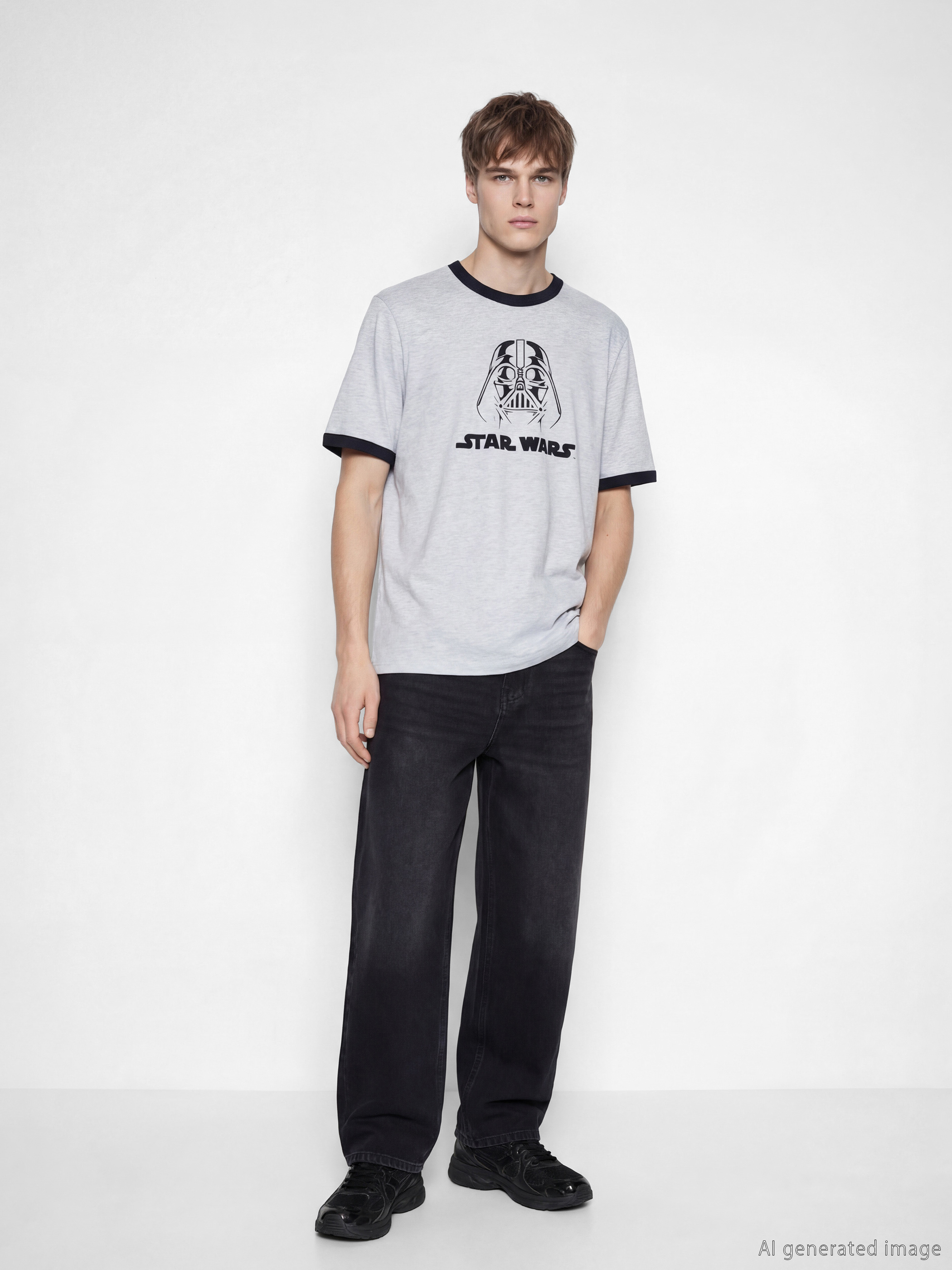 Gri Bisiklet Yaka Star Wars Baskılı Erkek Tişört-1