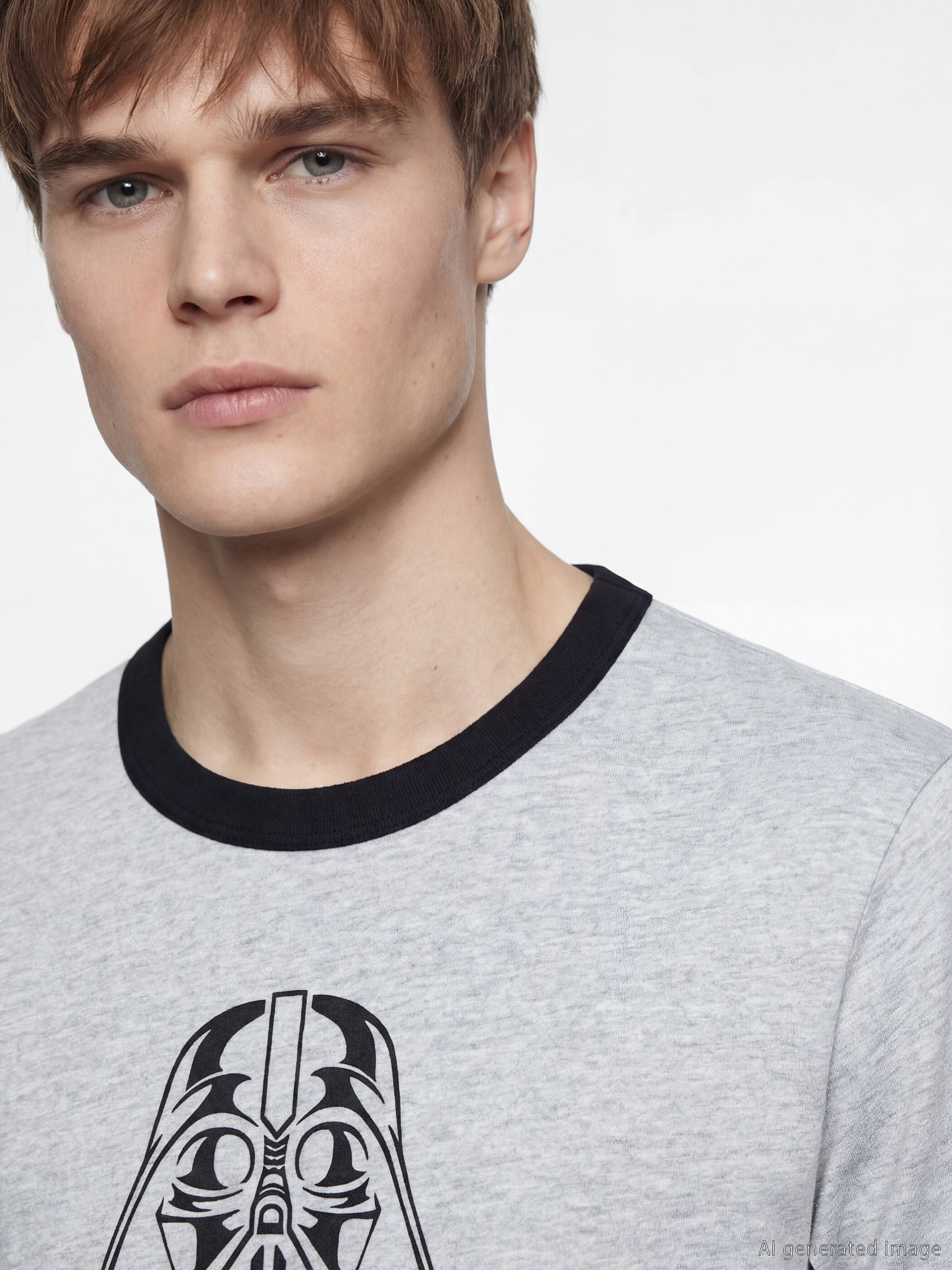 Gri Bisiklet Yaka Star Wars Baskılı Erkek Tişört-2