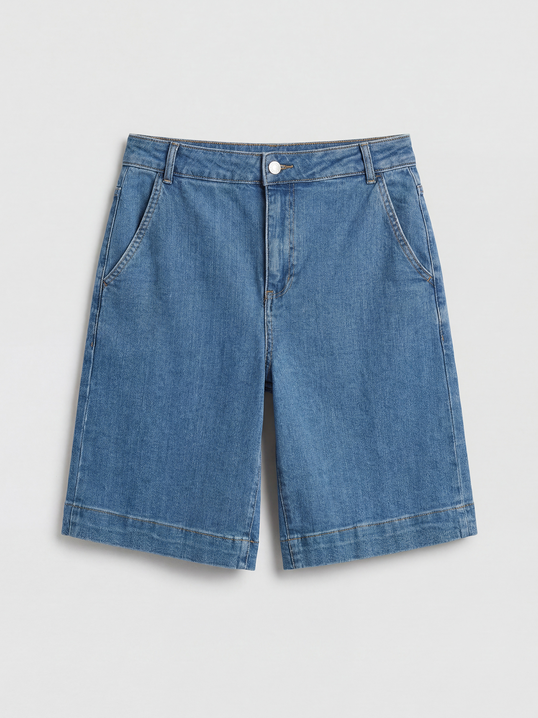 İndigo Yüksek Bel Bermuda Fit Kadın Jean Şortolon-4