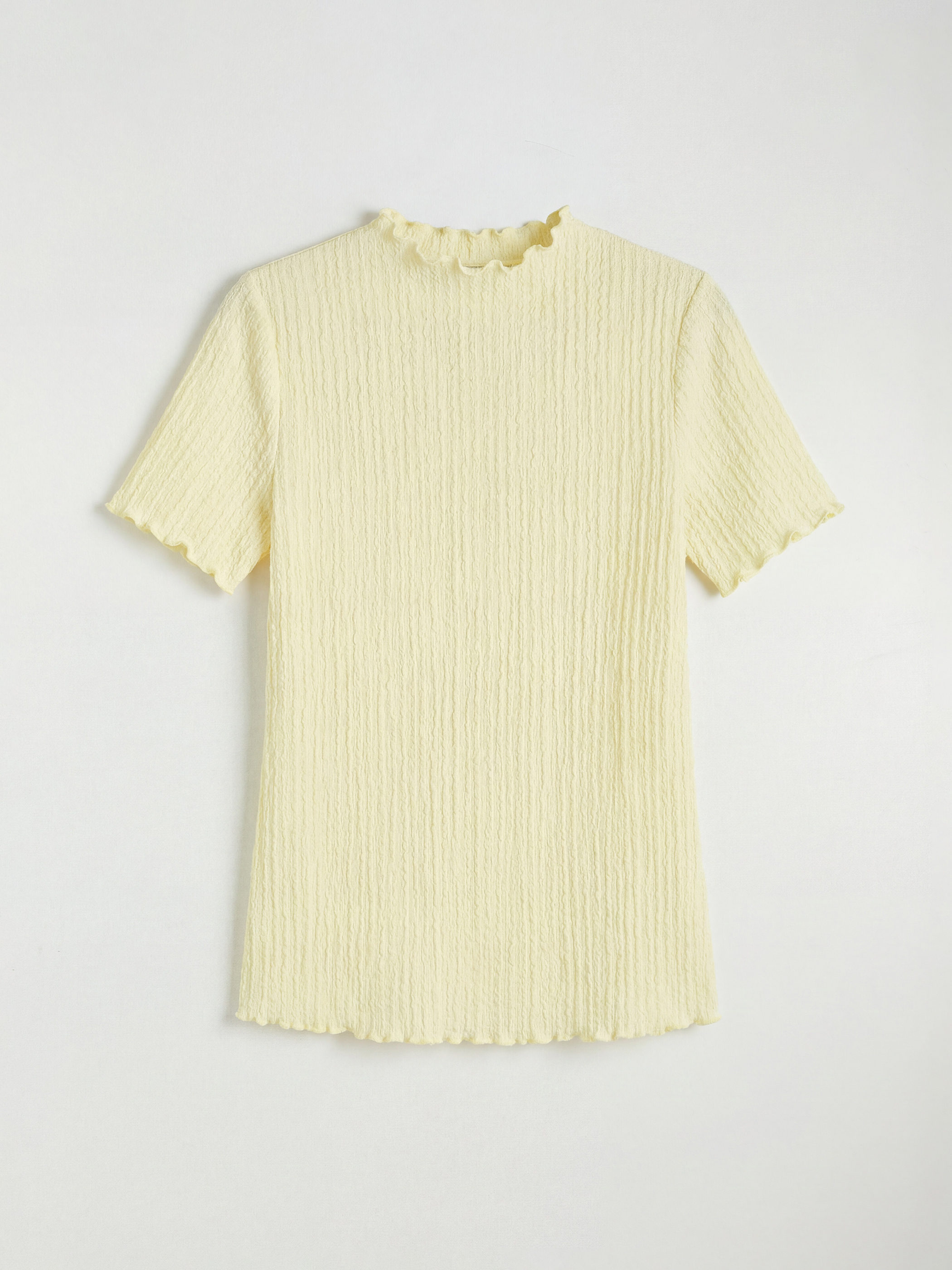Ruffled Stand-up Collar Textured Women's T-Shirt-4