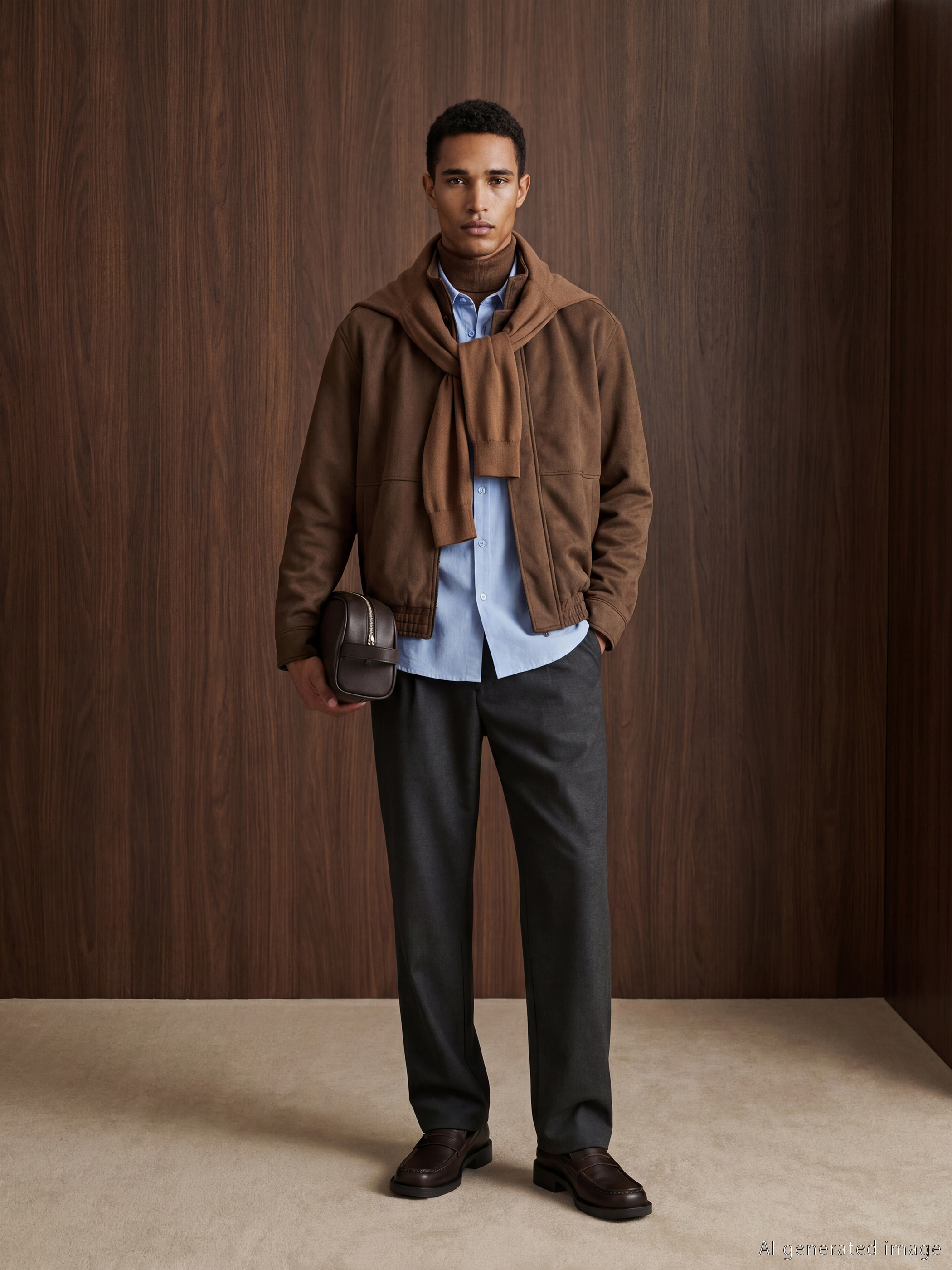 Kahverengi Standart Kalıp Dik Yaka Erkek Süet Mont-1