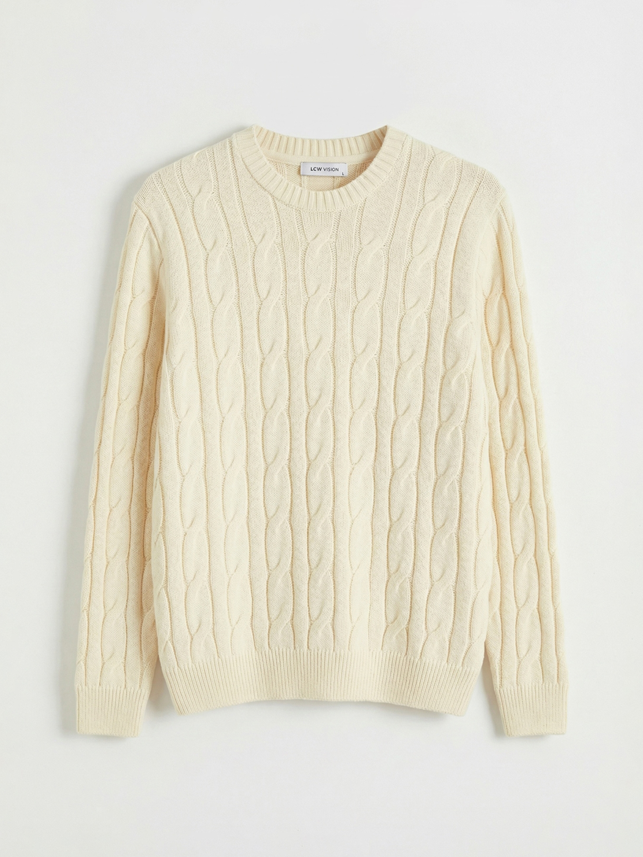 Ekru Bisiklet Yaka Saç Örgüsü Desenli Erkek Triko Kazak-4