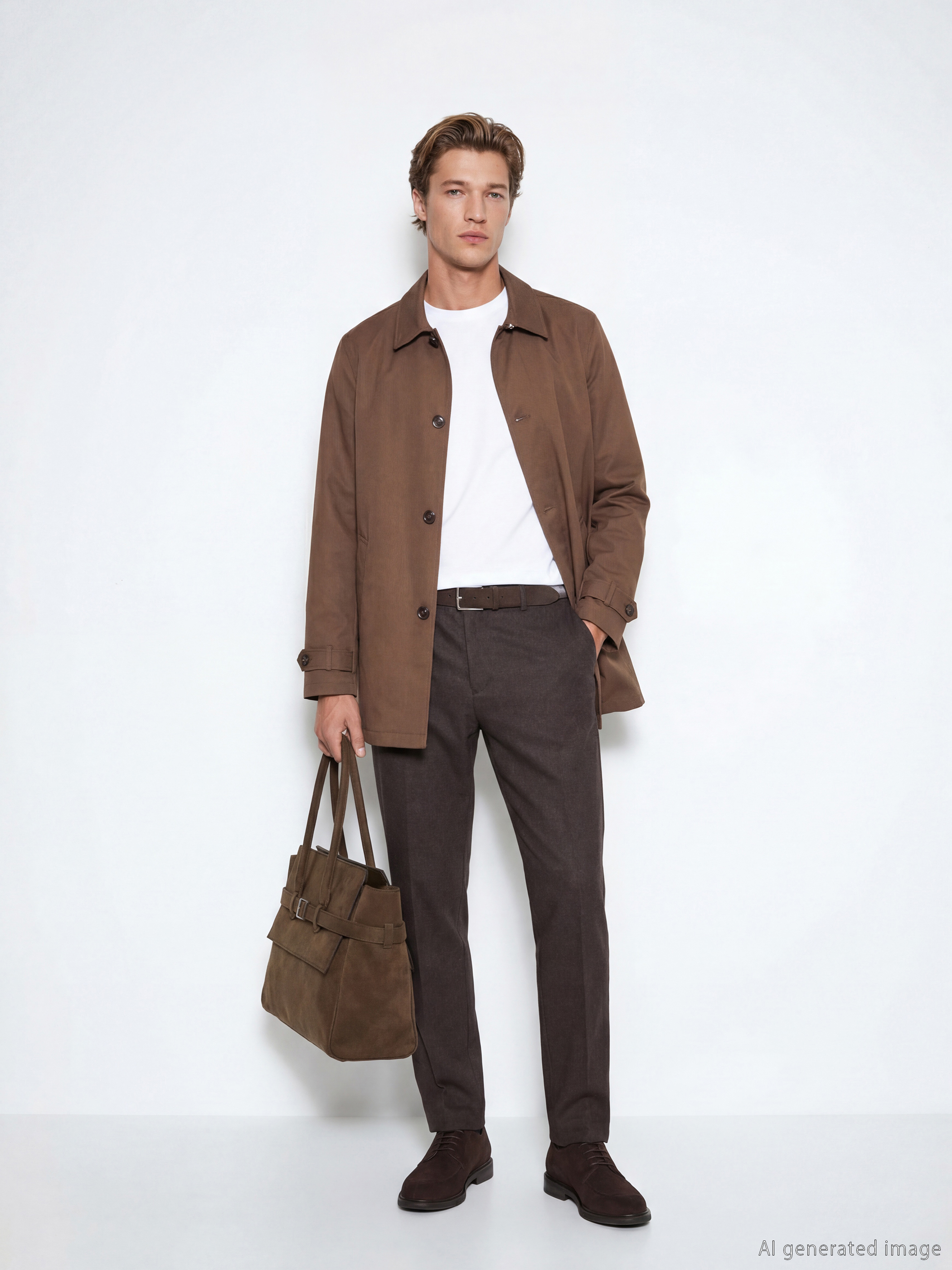 Bej Standart Kalıp Gömlek Yaka Erkek Trençkot-2