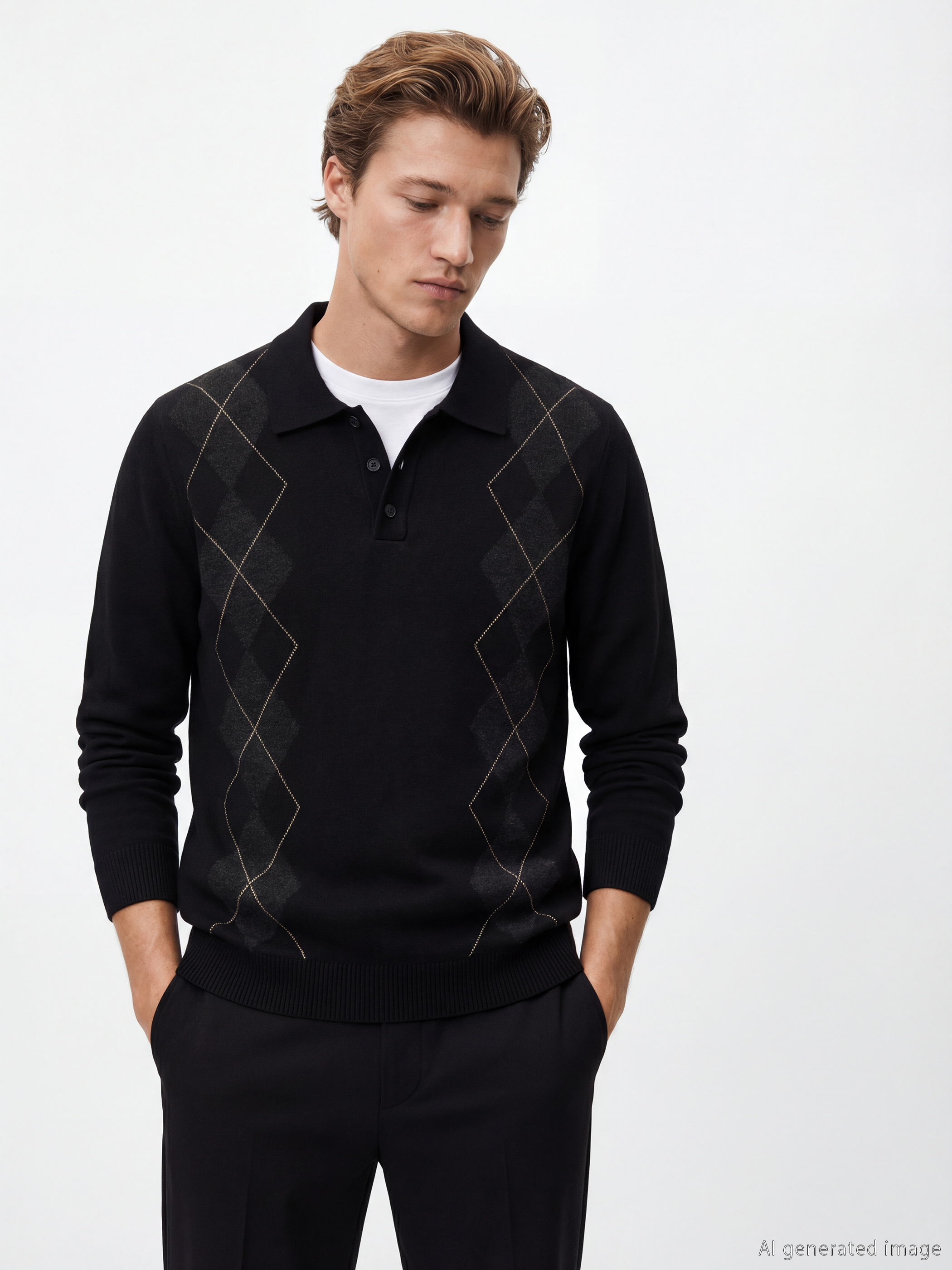 كنزة صوفية تريكو بنمط أرغيل بياقة بولو للرجال-5