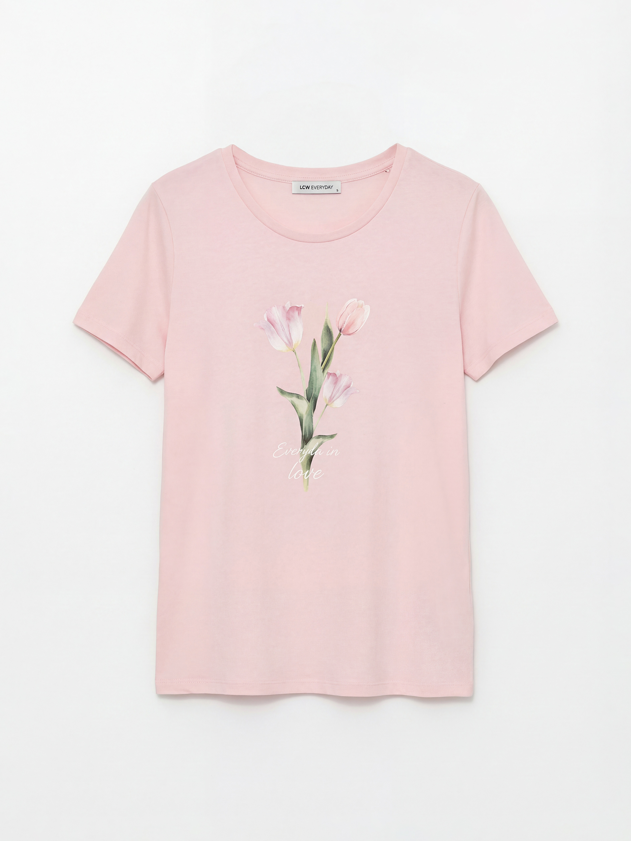 Pembe Bisiklet Yaka Çiçek Baskılı Kadın Tişört-4