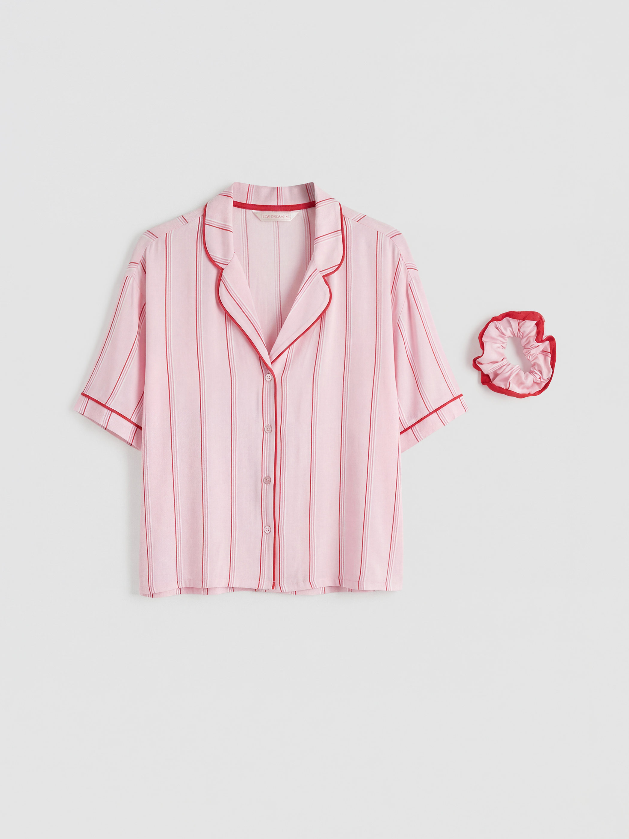 Pembe Gömlek Yaka Çizgili Kadın Pijama Üst-2