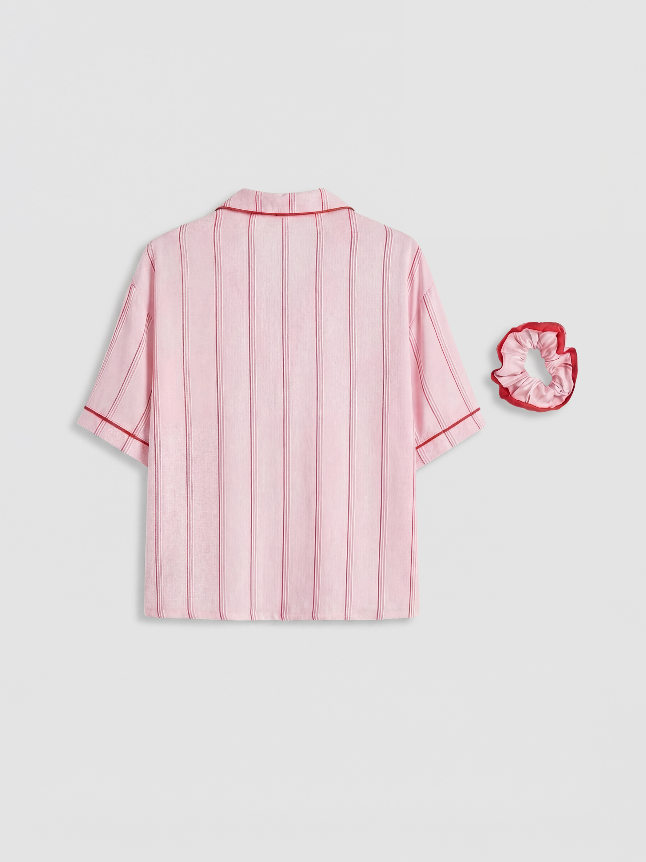 Pembe Gömlek Yaka Çizgili Kadın Pijama Üst-3