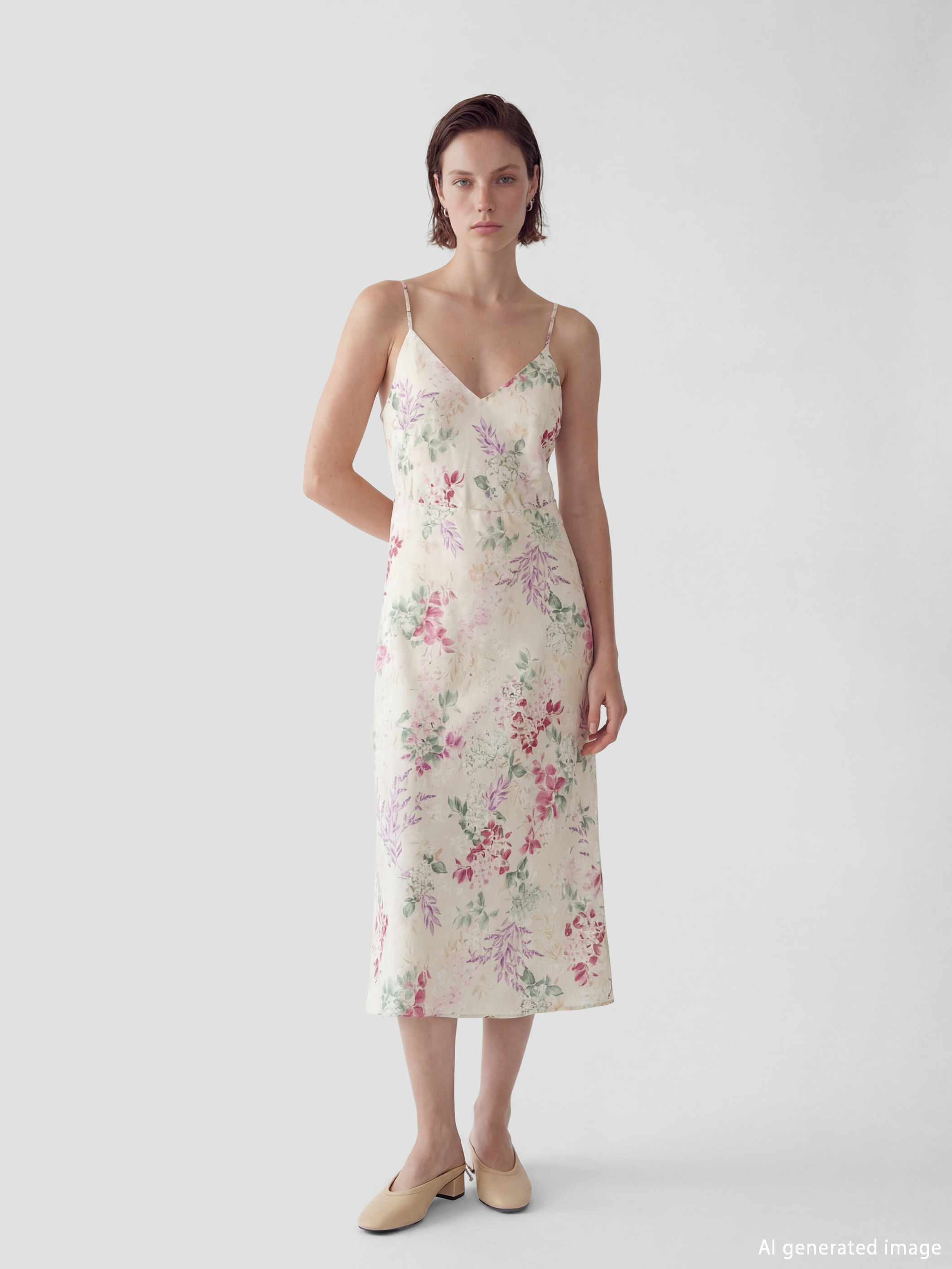 Ekru Çiçekli İp Askılı Kadın Saten Fantezi Gecelik-3