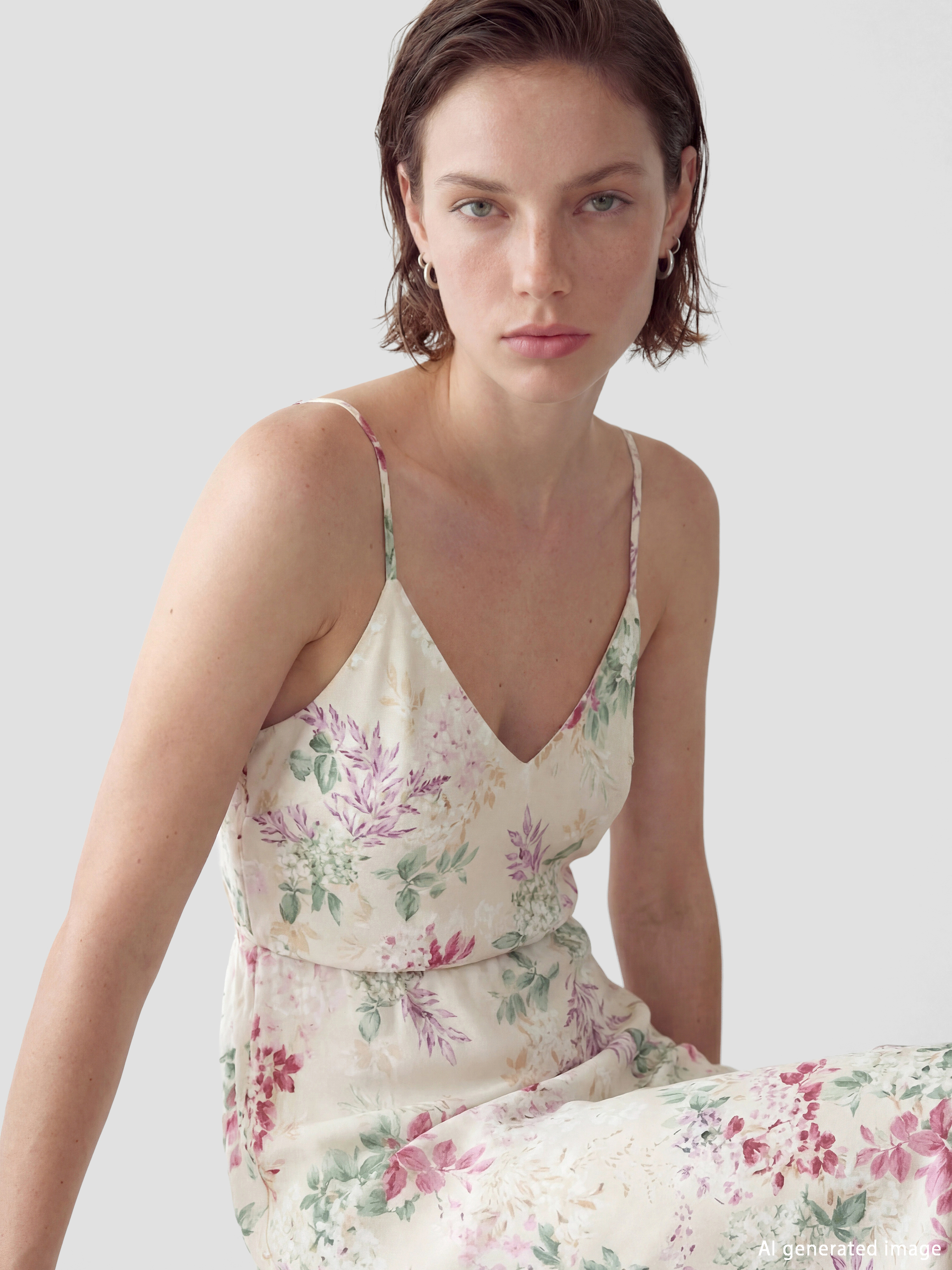 Ekru Çiçekli İp Askılı Kadın Saten Fantezi Gecelik-6