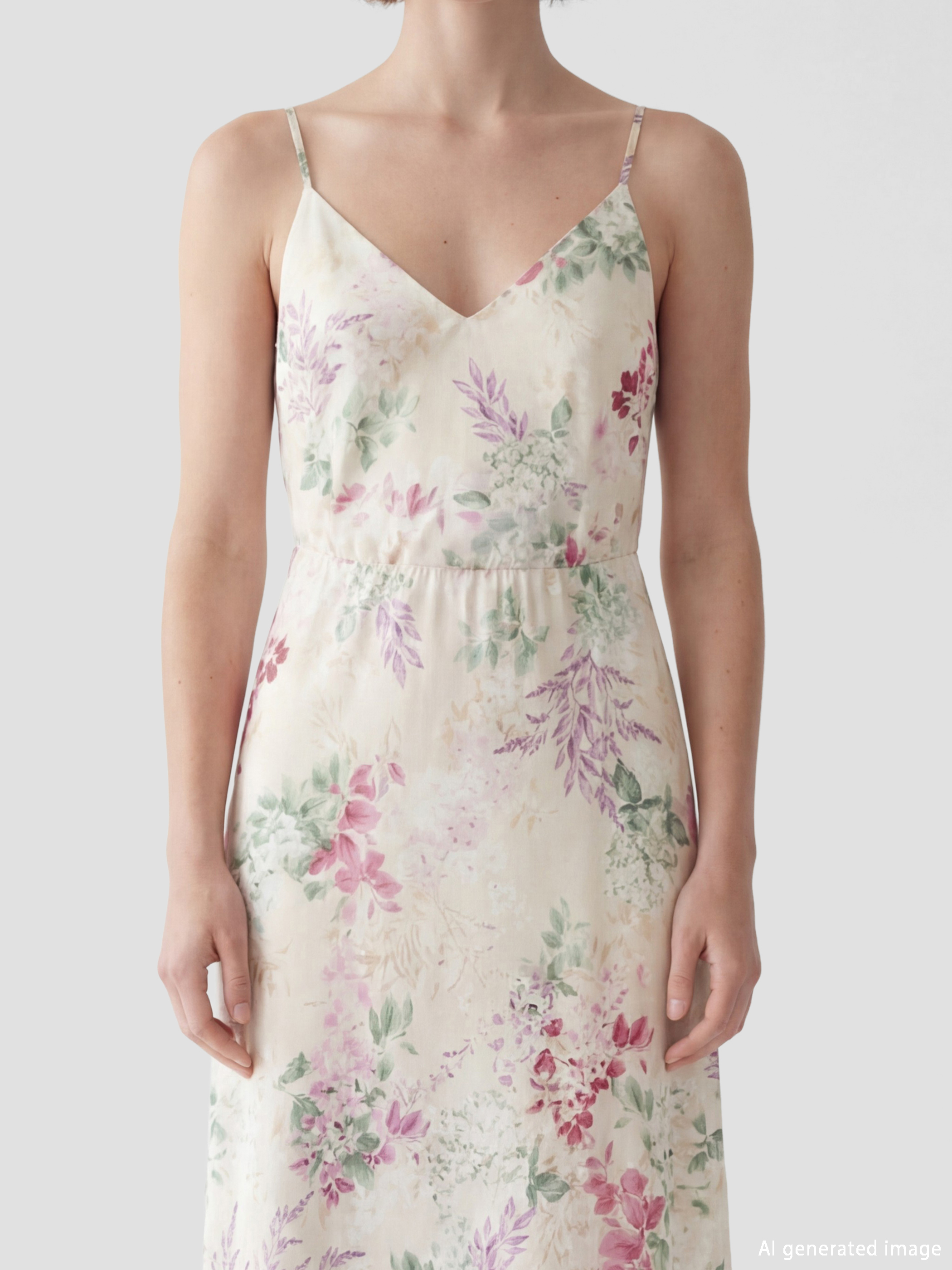 Ekru Çiçekli İp Askılı Kadın Saten Fantezi Gecelik-8