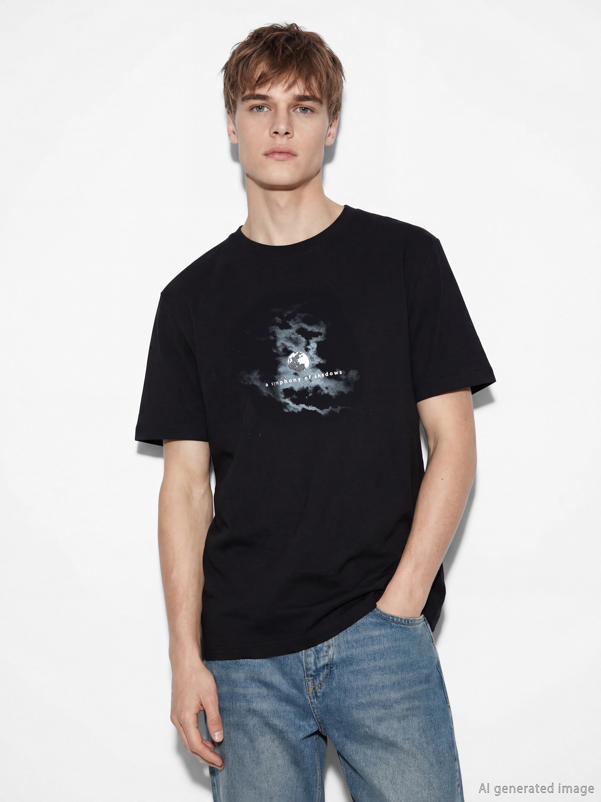 XSIDE تي شيرت رجالي مطبوع بياقة دائرية من الجيرسي