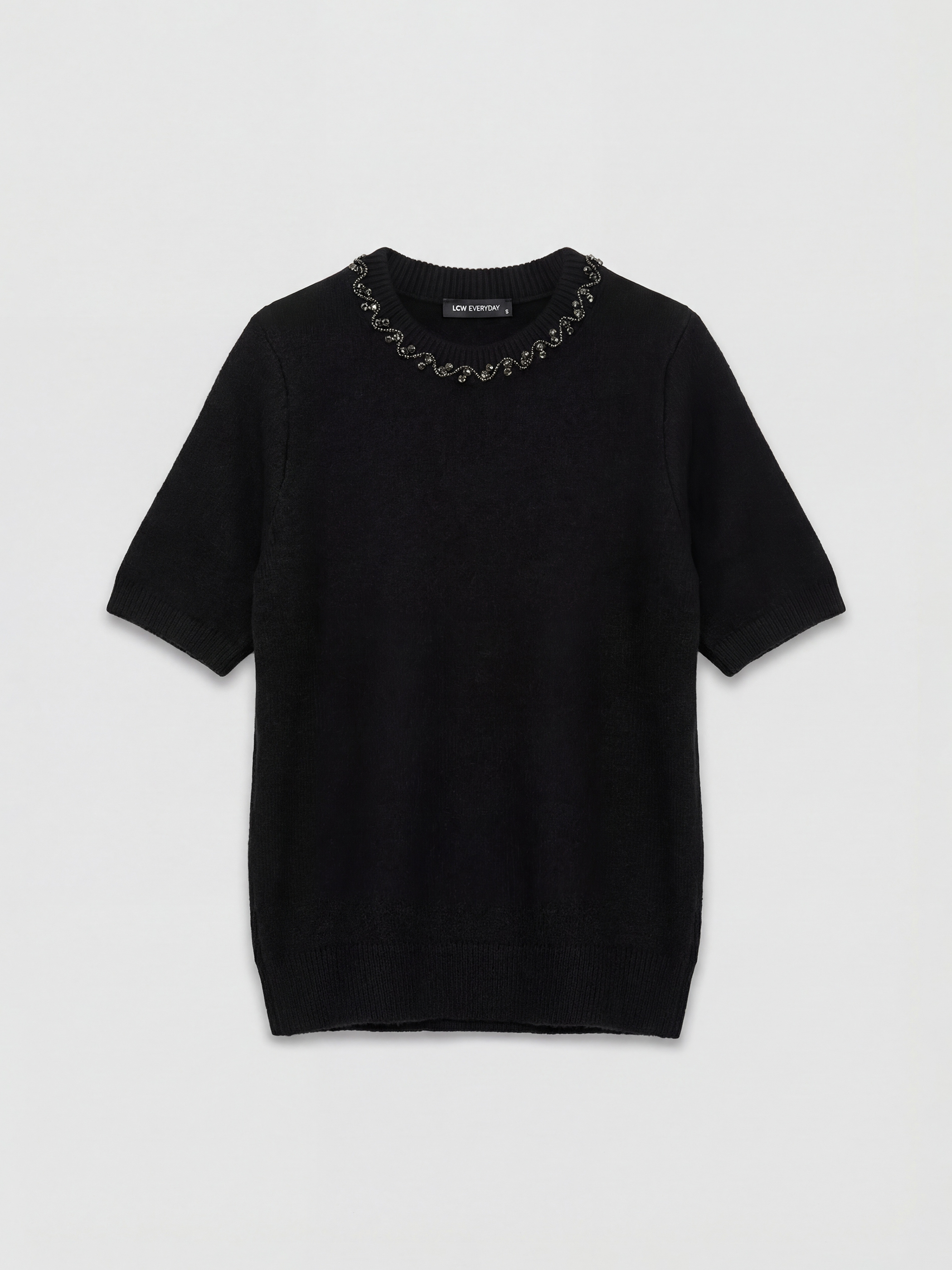 Siyah Bisiklet Yaka Taşlı Kadın Triko Kazak-4