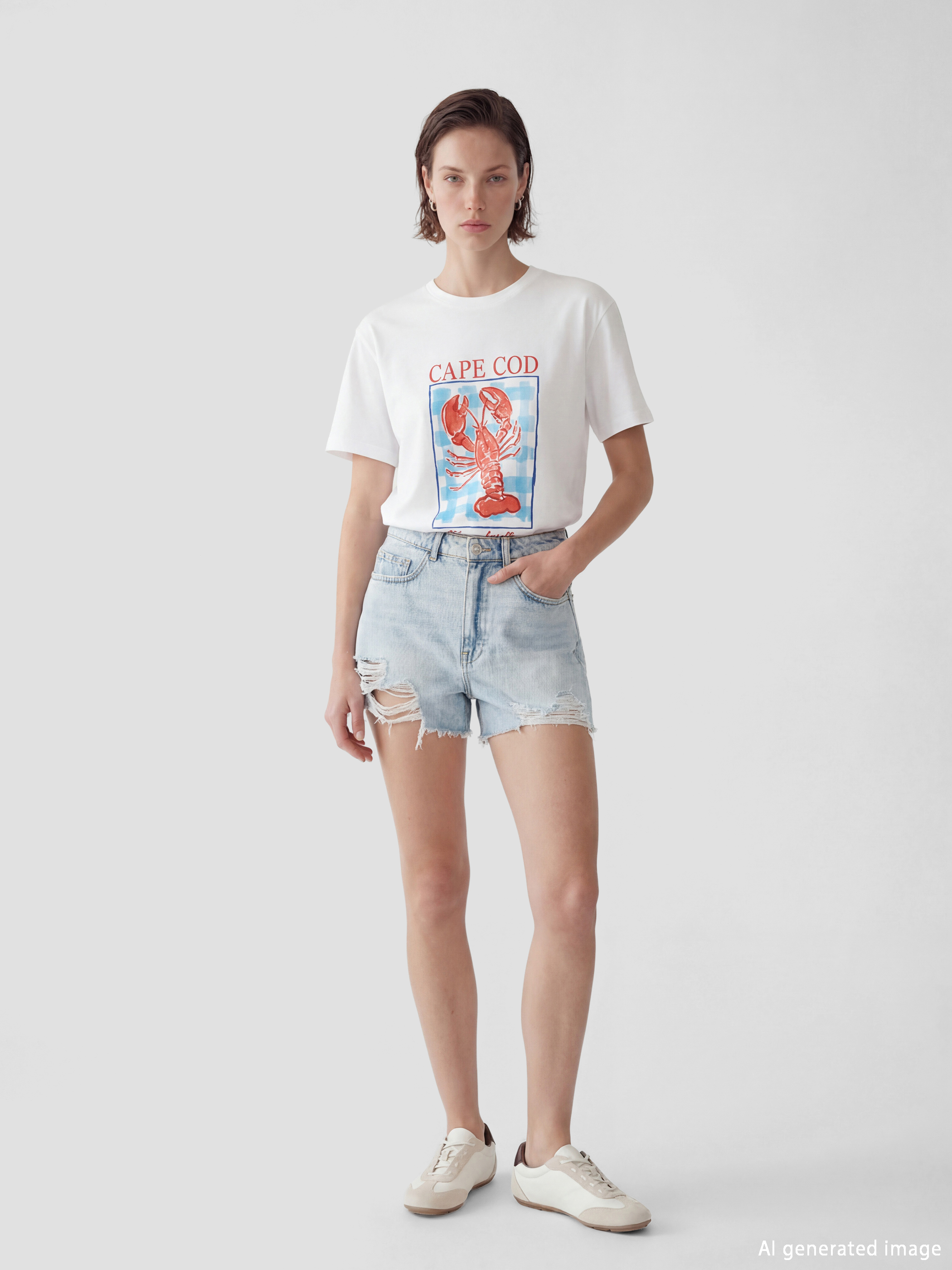 Beyaz Yengeç Baskılı Kadın Tişört-1