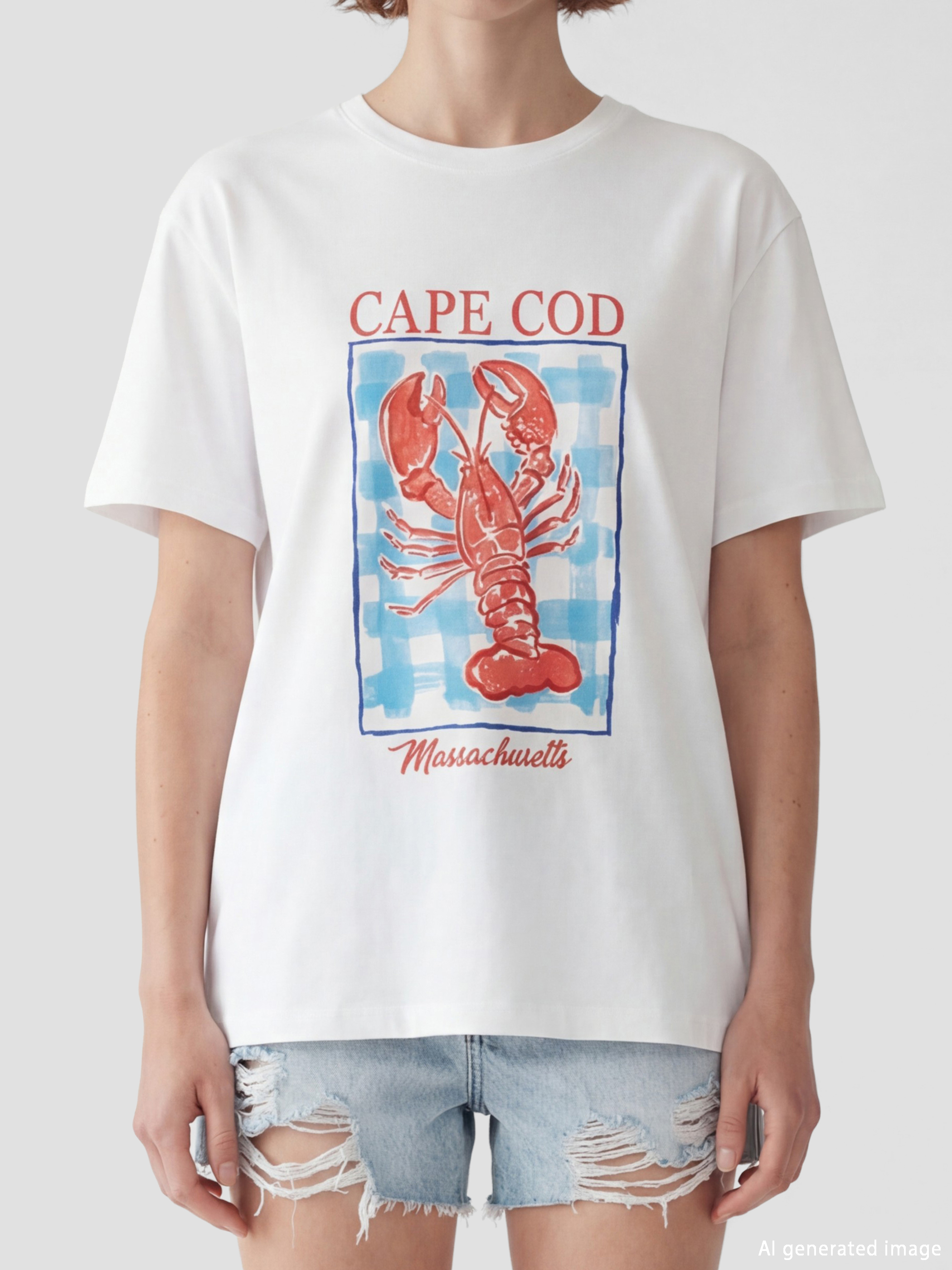 Beyaz Yengeç Baskılı Kadın Tişört-2