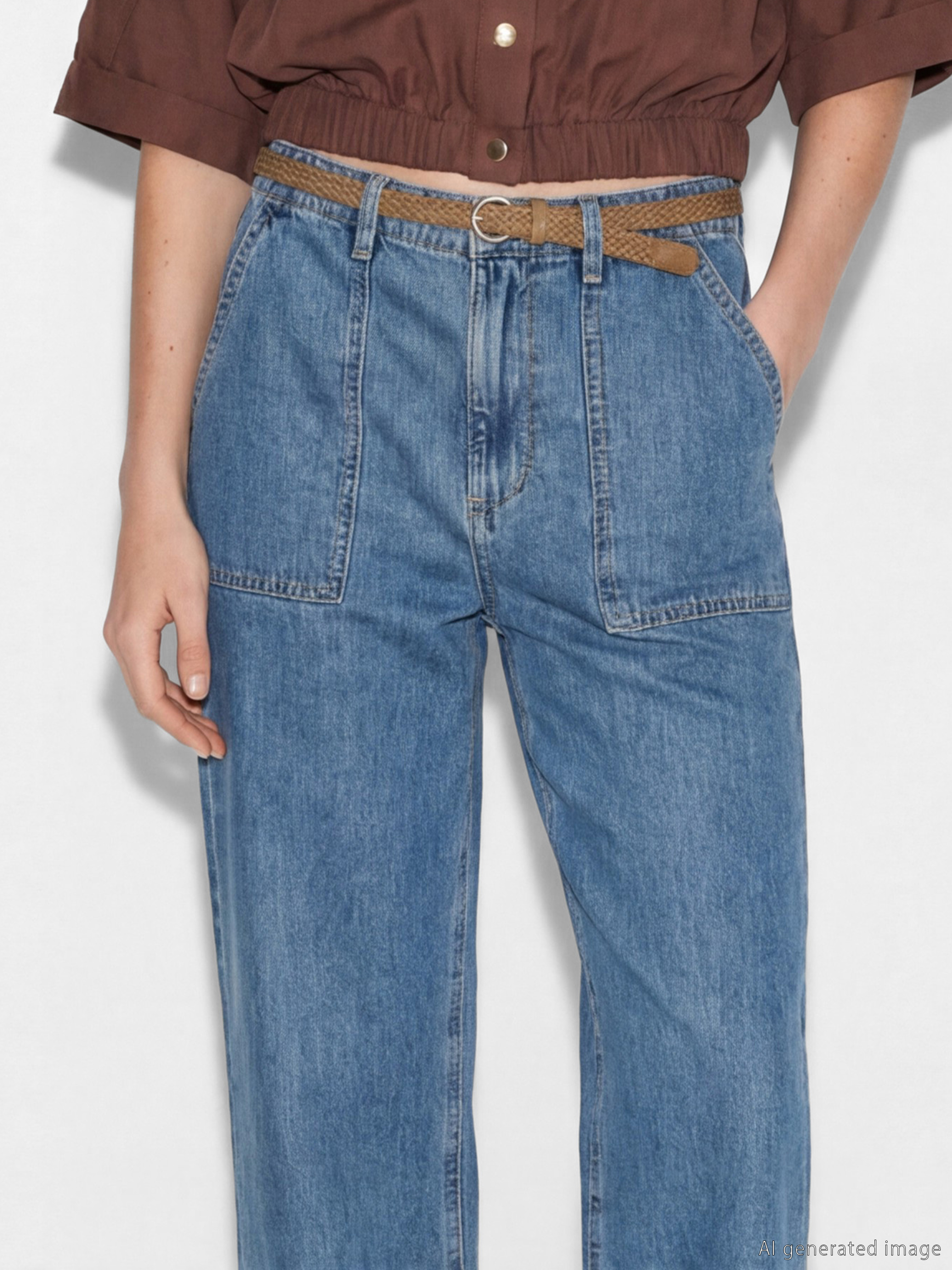 Дънки с колан с карот фит за жени-2