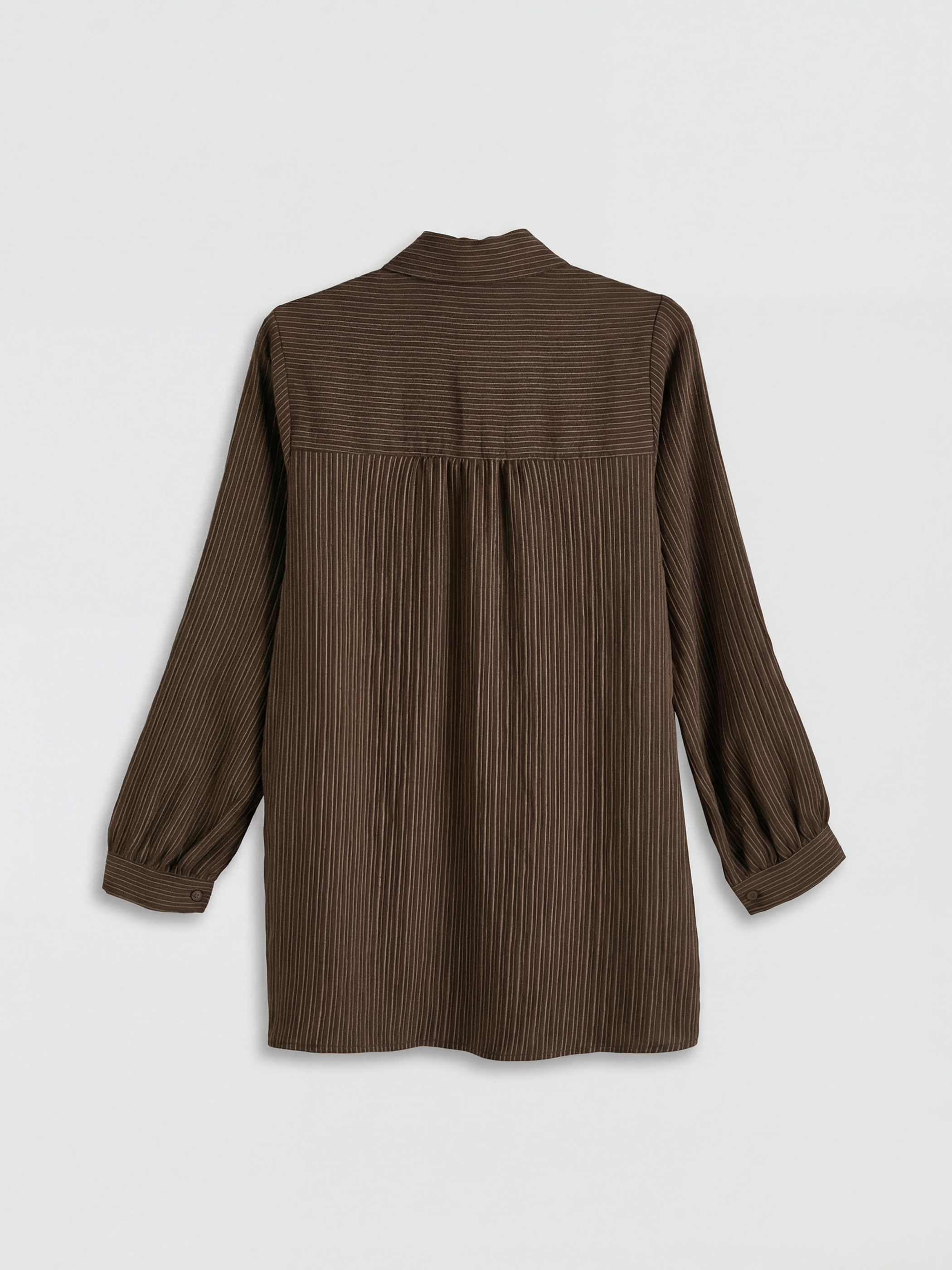 Kahverengi Gömlek Yaka Çizgili Oversize Armürlü Kadın Tunik-1