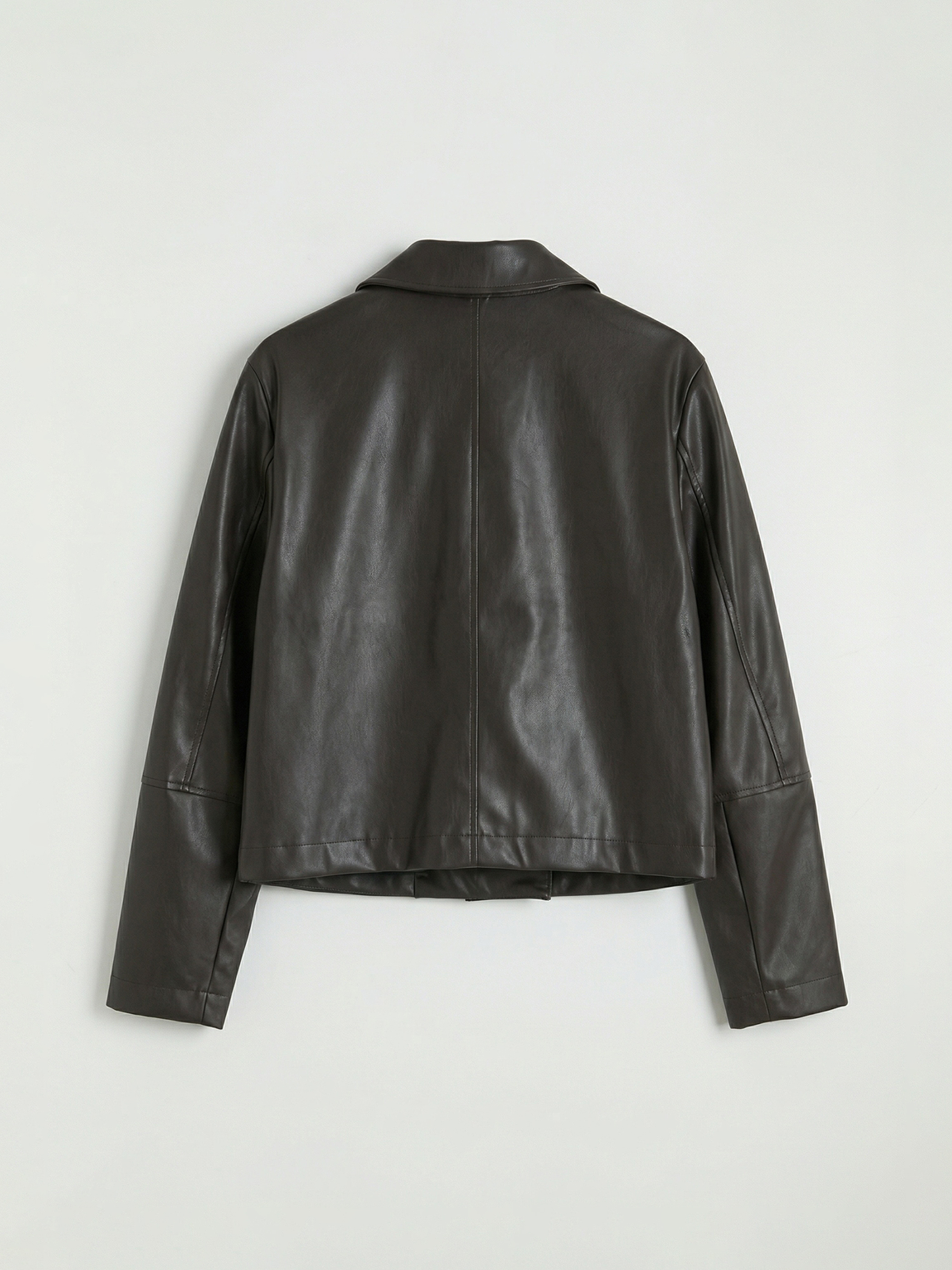 Kahverengi Kruvaze Yaka Kadın Deri Görünümlü Ceket-1