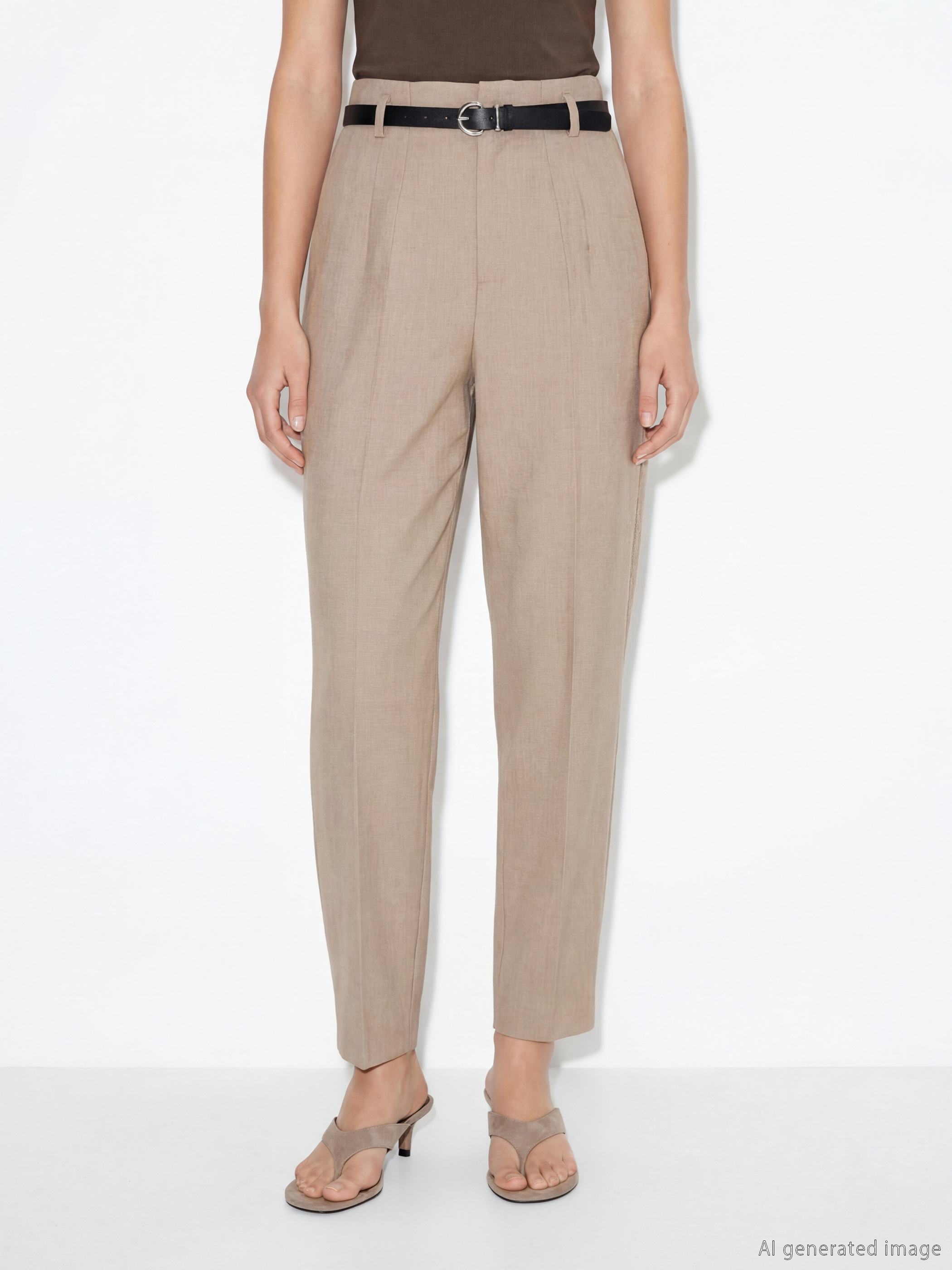 Bej Beli Kemerli Kadın Pileli Kumaş Pantolon-1