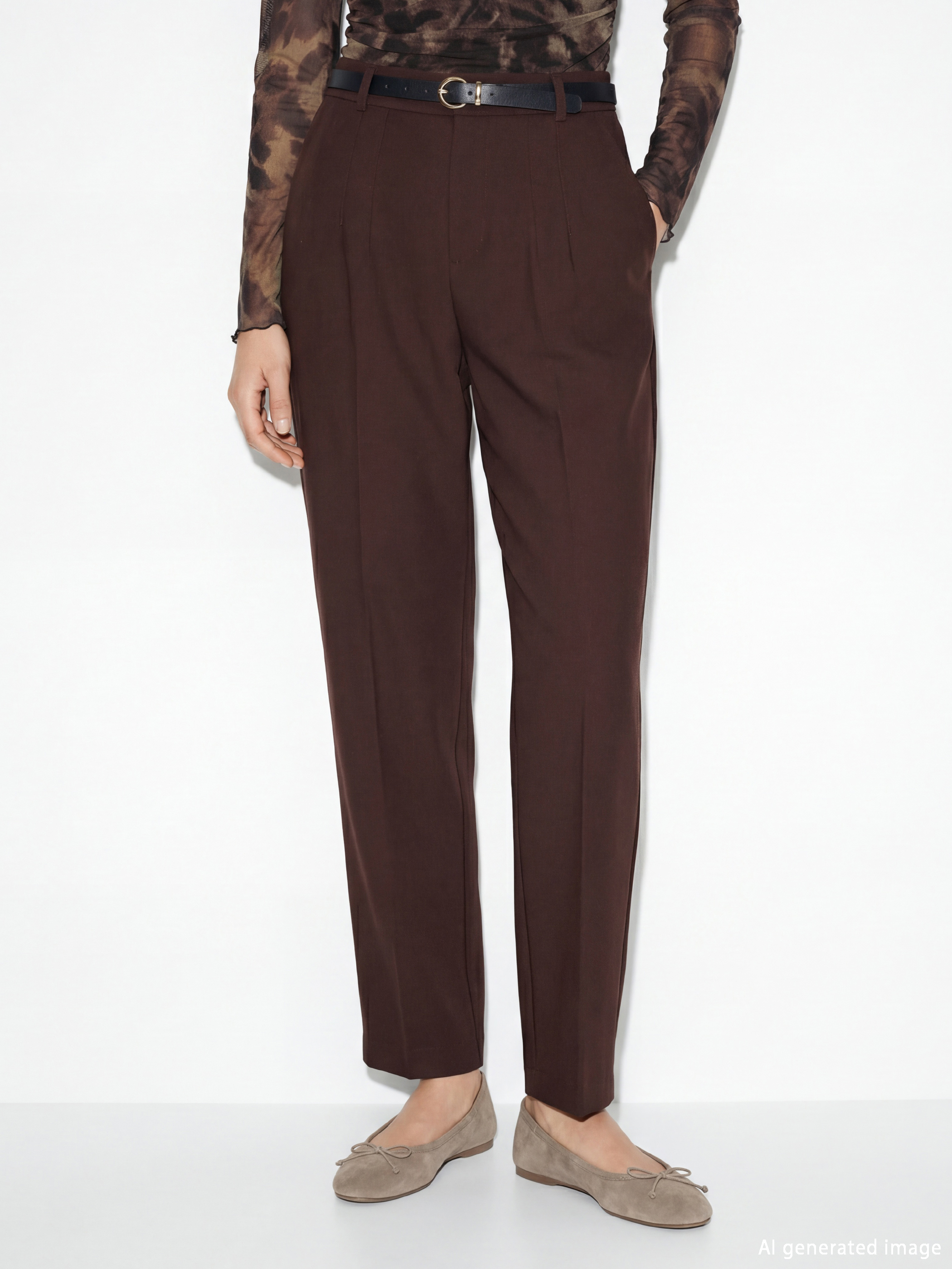 Kahverengi Beli Kemerli Kadın Pileli Kumaş Pantolon-1