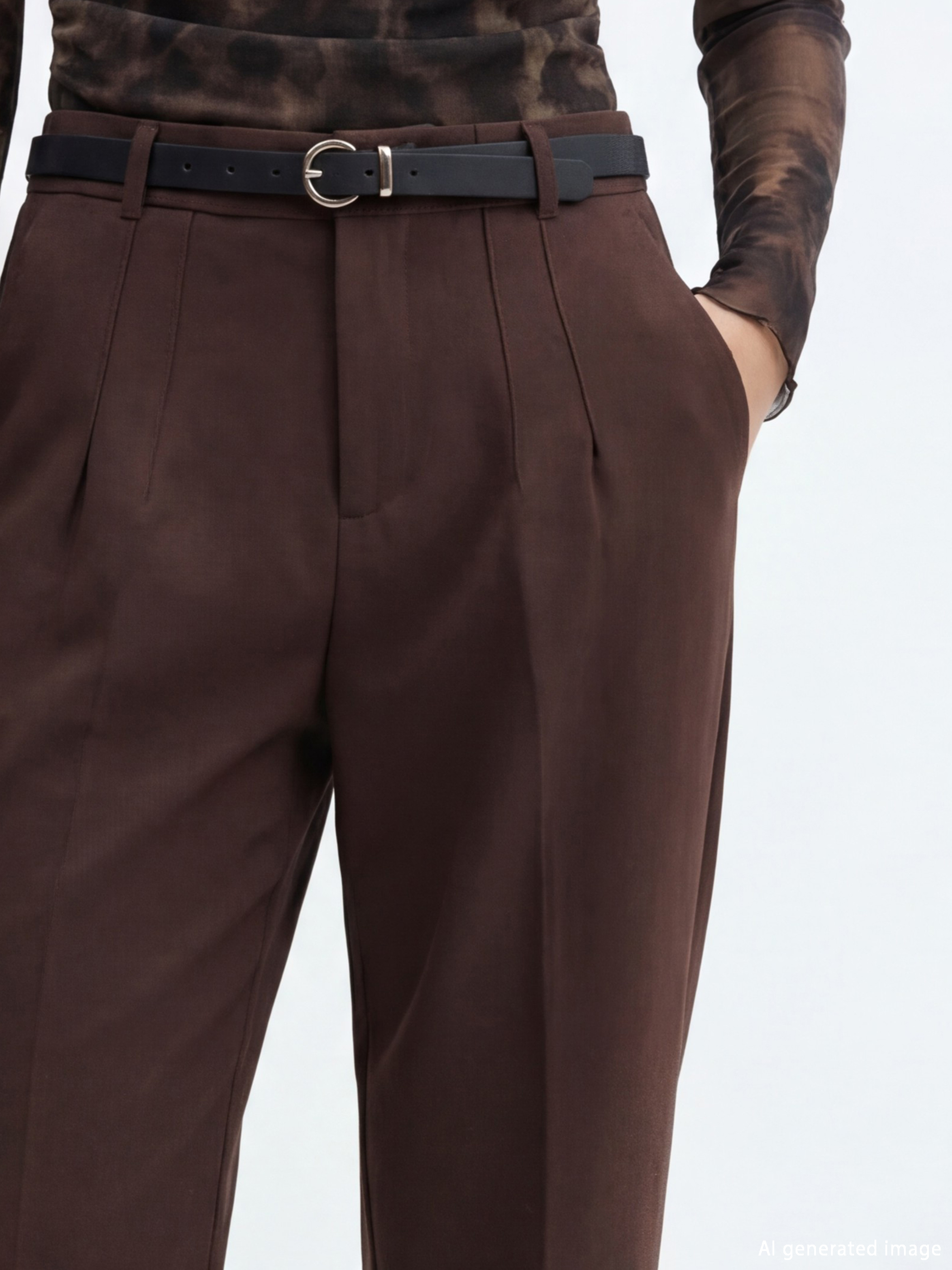 Kahverengi Beli Kemerli Kadın Pileli Kumaş Pantolon-2