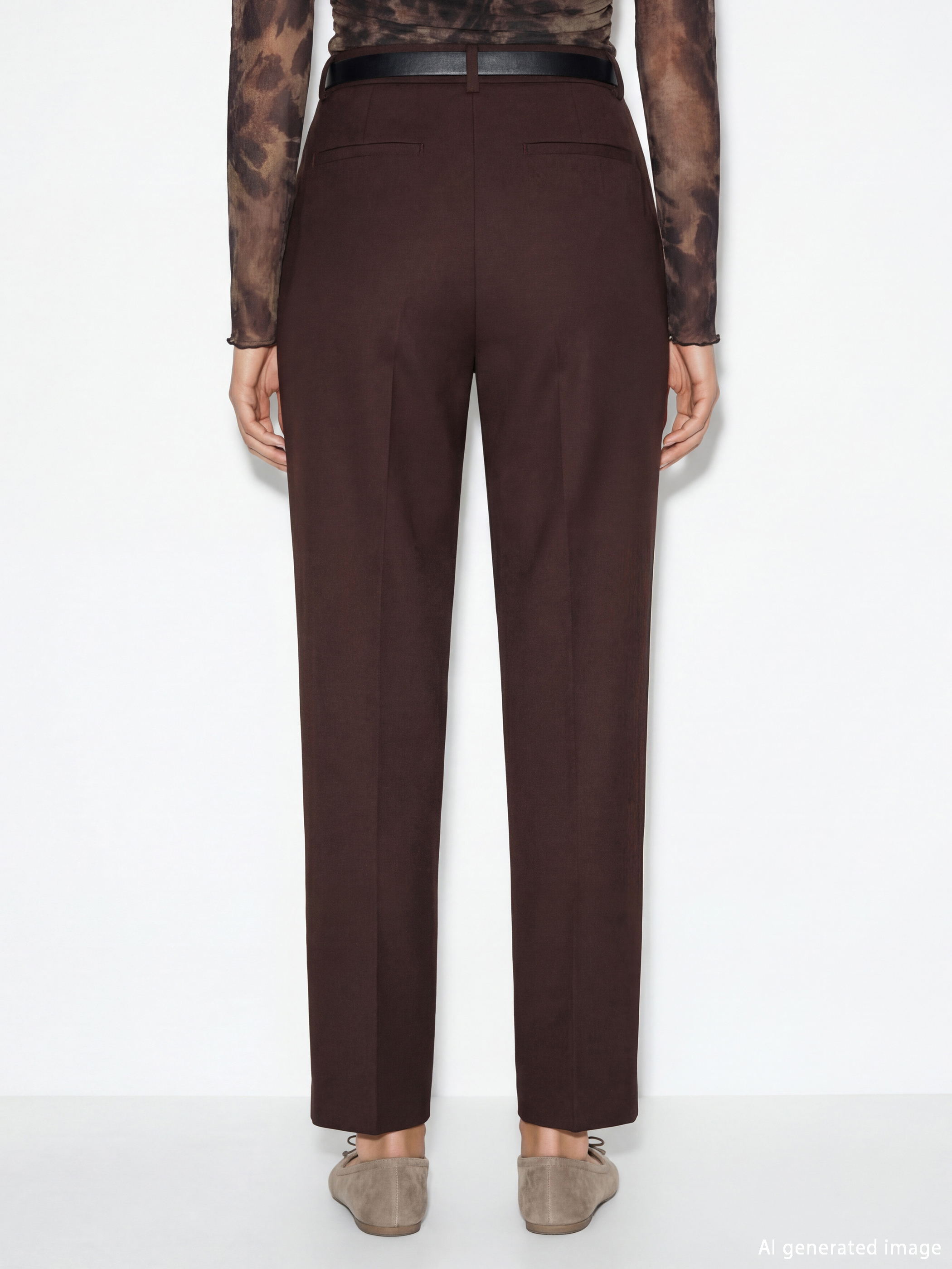 Kahverengi Beli Kemerli Kadın Pileli Kumaş Pantolon-3