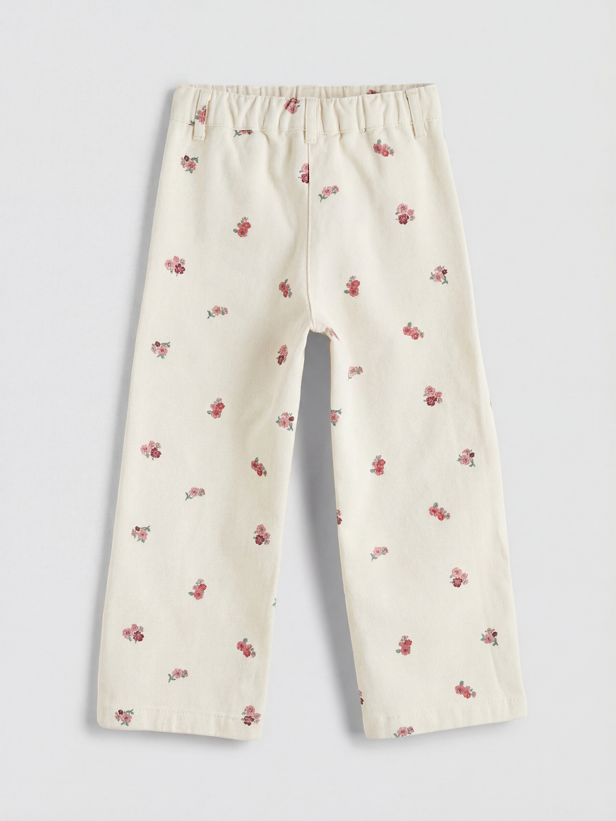 Ekru Çiçek Desenli Kız Çocuk Gabardin Pantolon-1