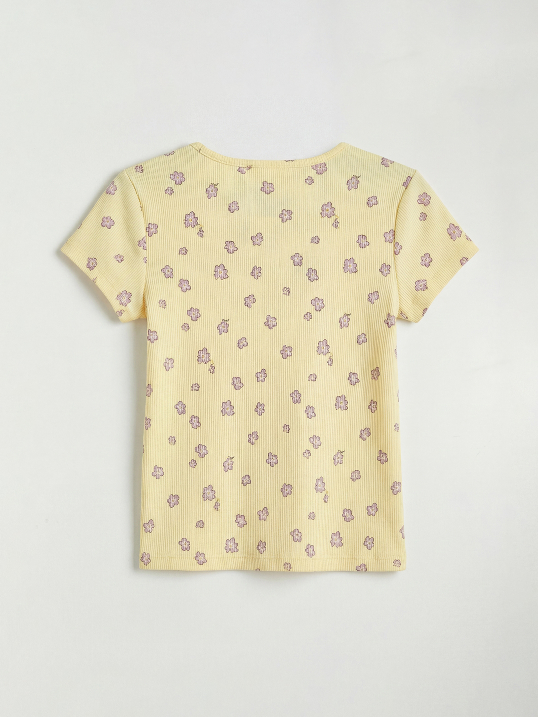 Sarı Bisiklet Yaka Çiçekli Kız Çocuk Tişört	-1