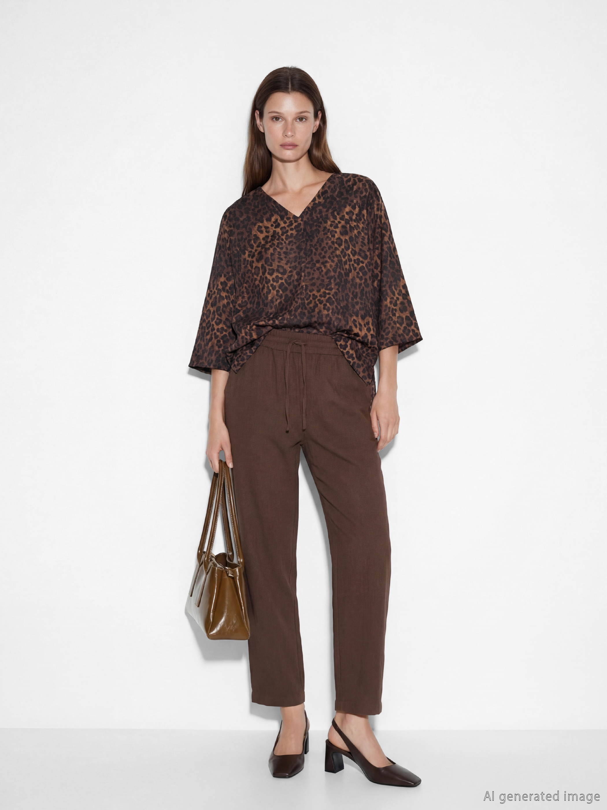 Kahverengi Beli Lastikli Kadın Pantolon-1