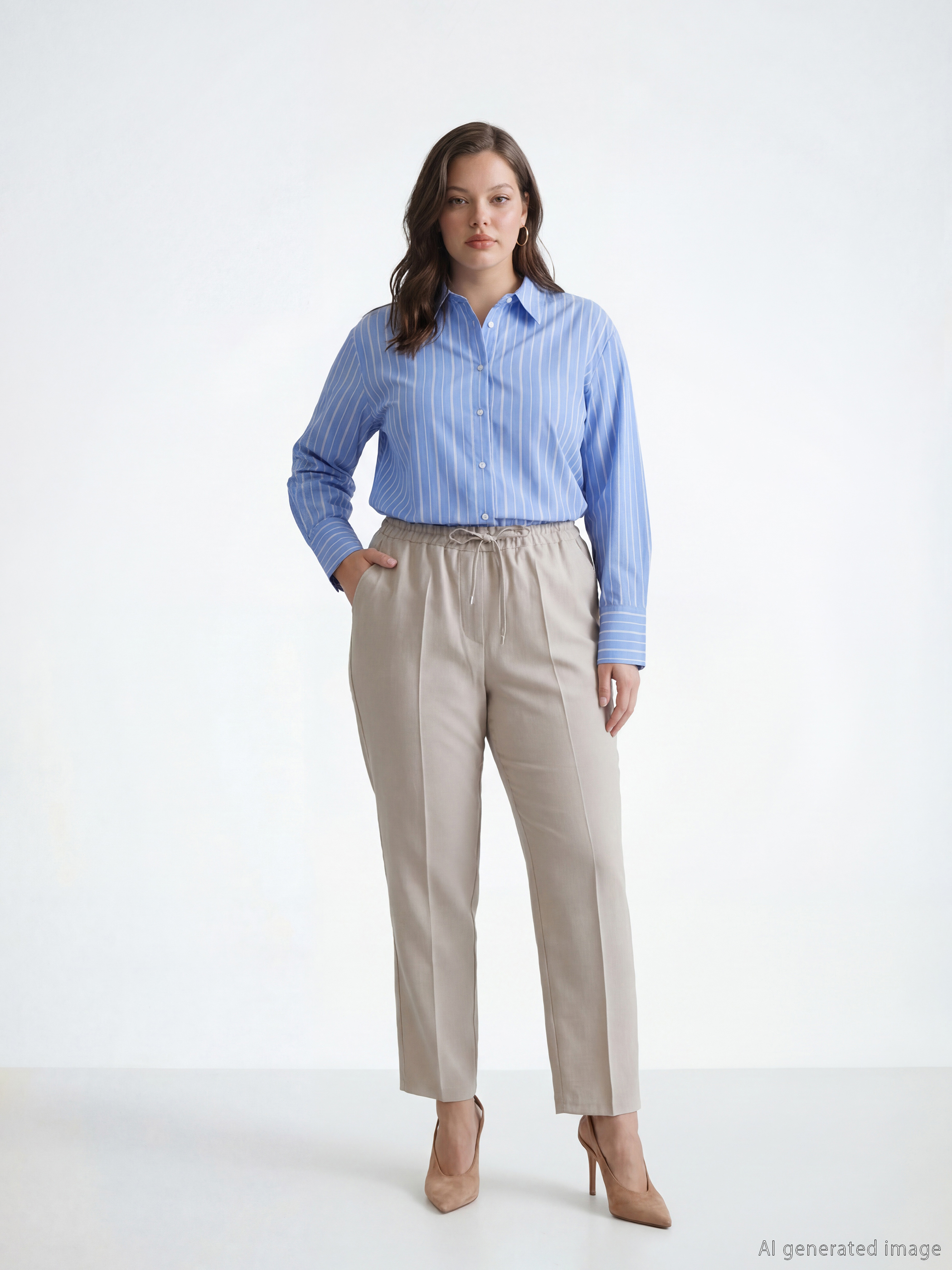 Bej Beli Lastikli Kadın Pantolon-1