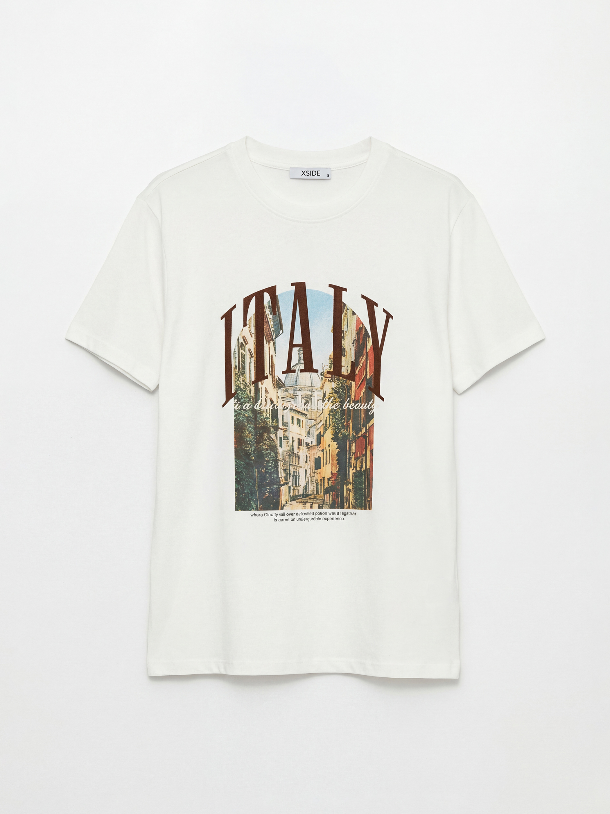 Ekru Bisiklet Yaka Italy Baskılı Kadın Tişört-4